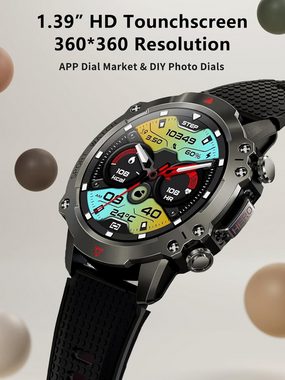 MEETOWN Herren's 450 mAh IP67 wasserdicht Fitness-Tracker Smartwatch (1,39 Zoll, Android/iOS), mit Bluetooth-Anrufen,107 Sportmodi/Herzfrequenzmesser/Schrittzähler