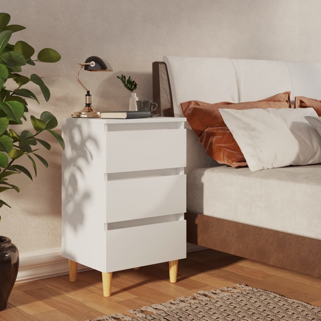furnicato Nachttisch Weiß 40 x 35 x 69 cm mit Massivholzbeinen (1-St), Geräumiger Nachtschrank mit drei Schubladen für das Schlafzimmer