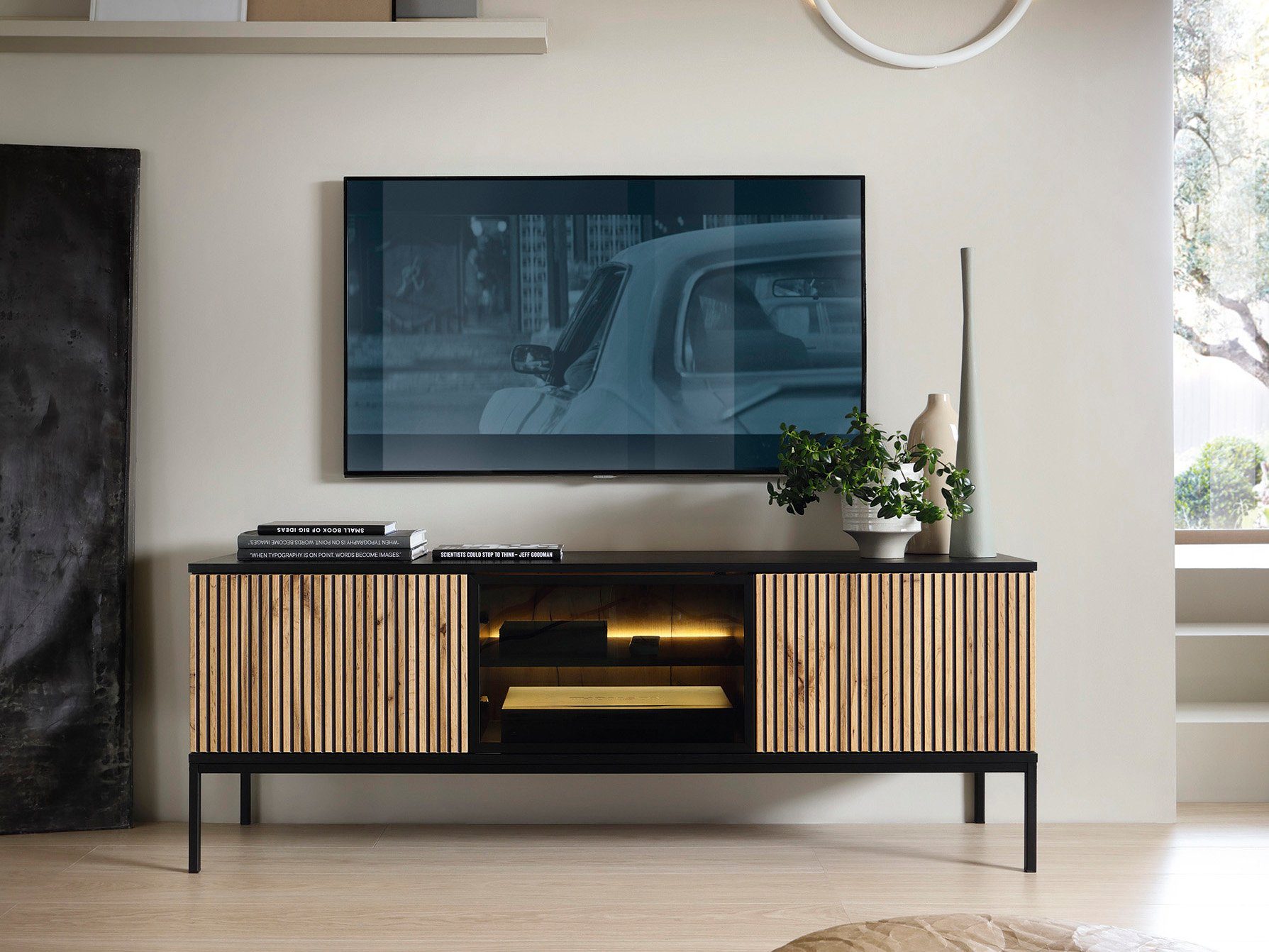TV-Schrank LED- TV Modern mit Wohnzimmer Fernsehschrank gerifflete Tisch Front, LINO, Beleuchtung, Compleo