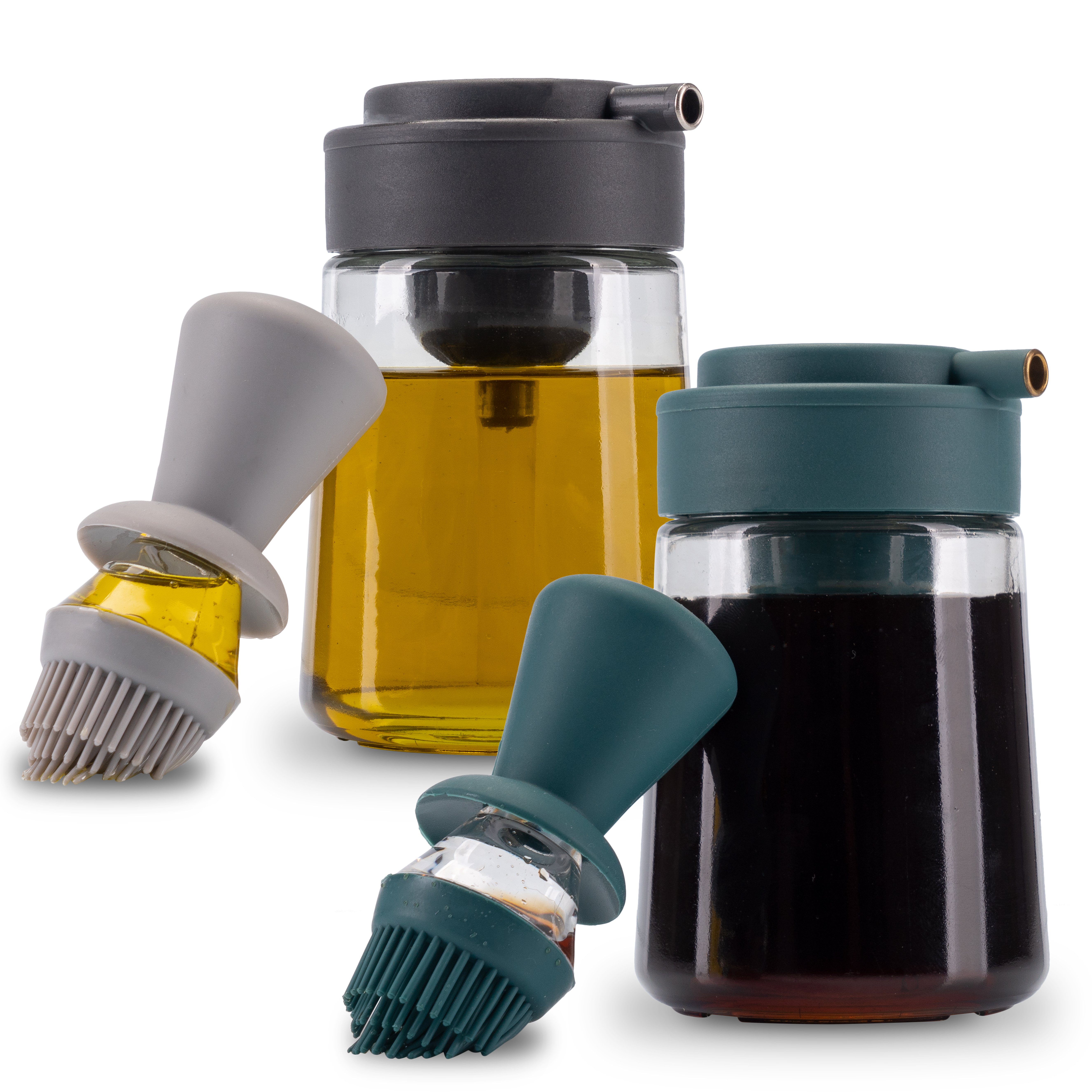 Fino Casa Ölspender 3 in 1 Ölspender, (2er Set: 1x Anthrazit & 1x Dunkelgrün, 2er Set 3in1 Ölflasche mit Pinsel und Ausgießer)