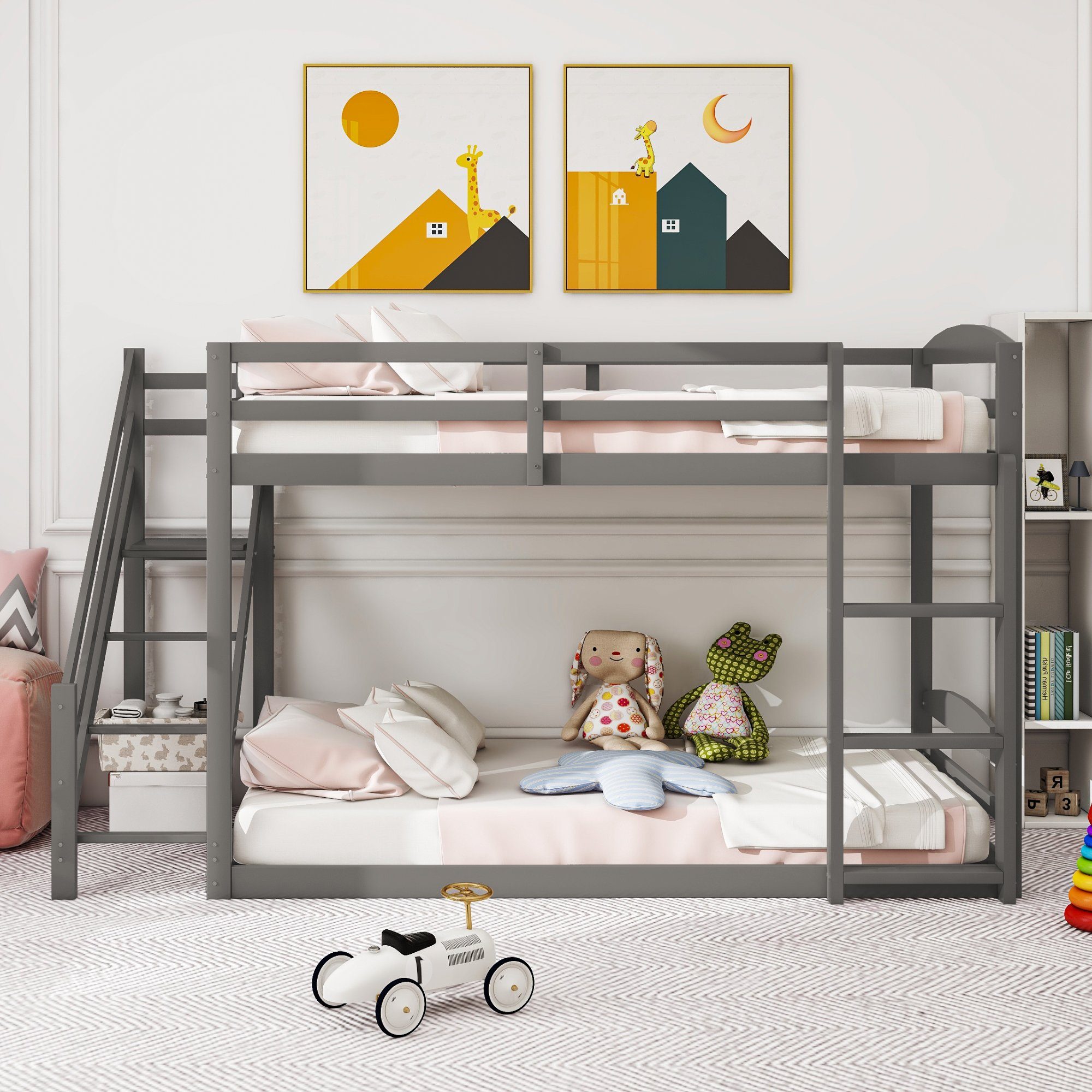 Ulife Kinderbett Etagenbett mit zwei Sicherheitstreppen, Massivholz, 90×200 cm Grau
