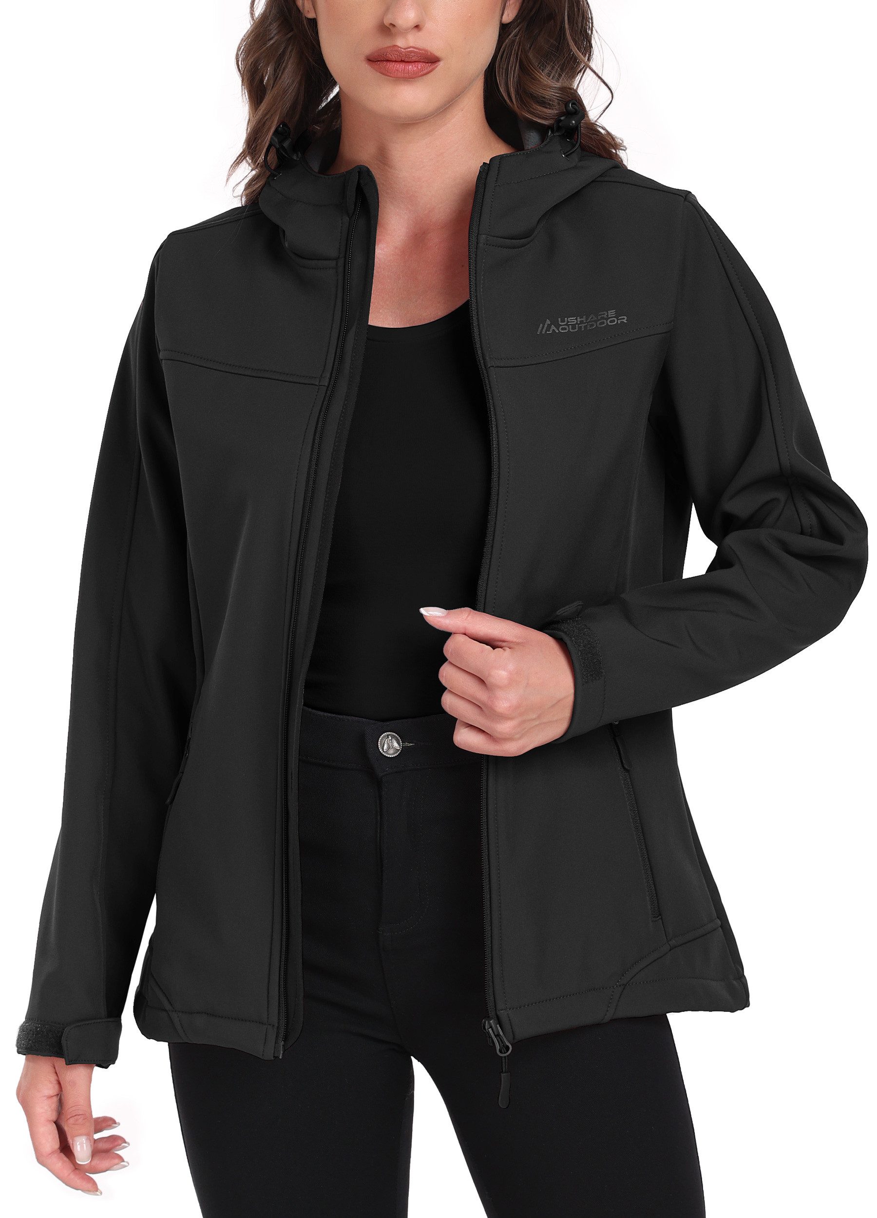 ATLASLAVA Softshelljacke Damen Wasserdichte Übergangsjacke Atmungsaktive Regenjacke Winddichte Jacke Gefüttert Kapuze für Outdoor Wandern
