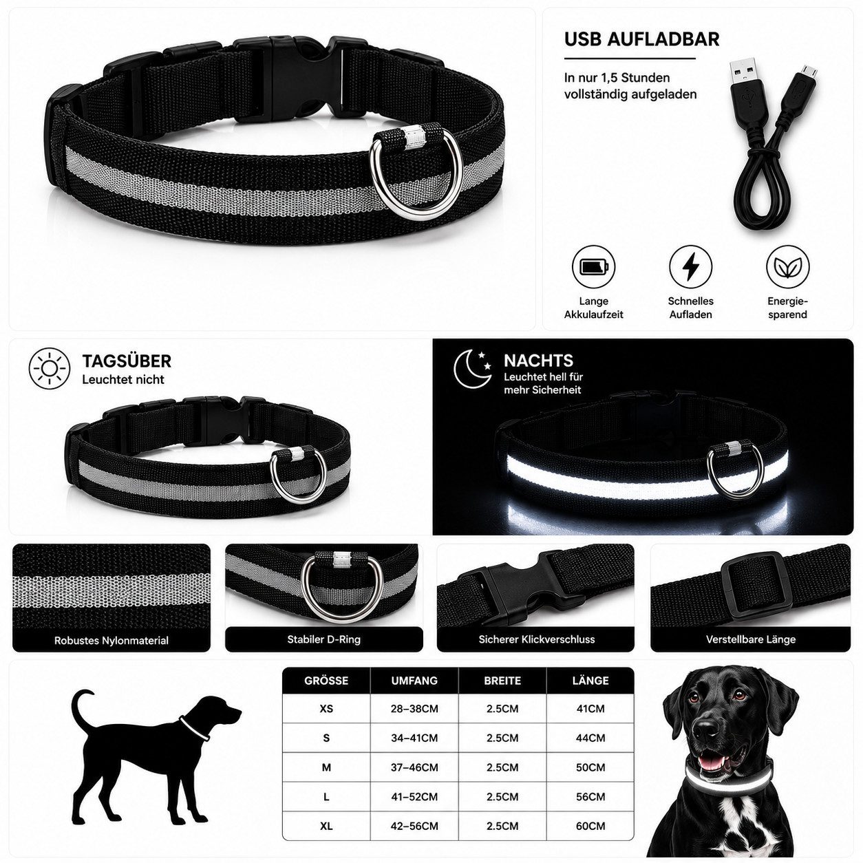 FroShop Hundehalsbandleuchte LED Hundehalsband USB aufladbar (S/M/L/XL) Leuchthalsband Nylon, LED fest integriert, verschiedene Farben, Akku Halsband reflektierend verstellbar Blinkhalsband für Hunde