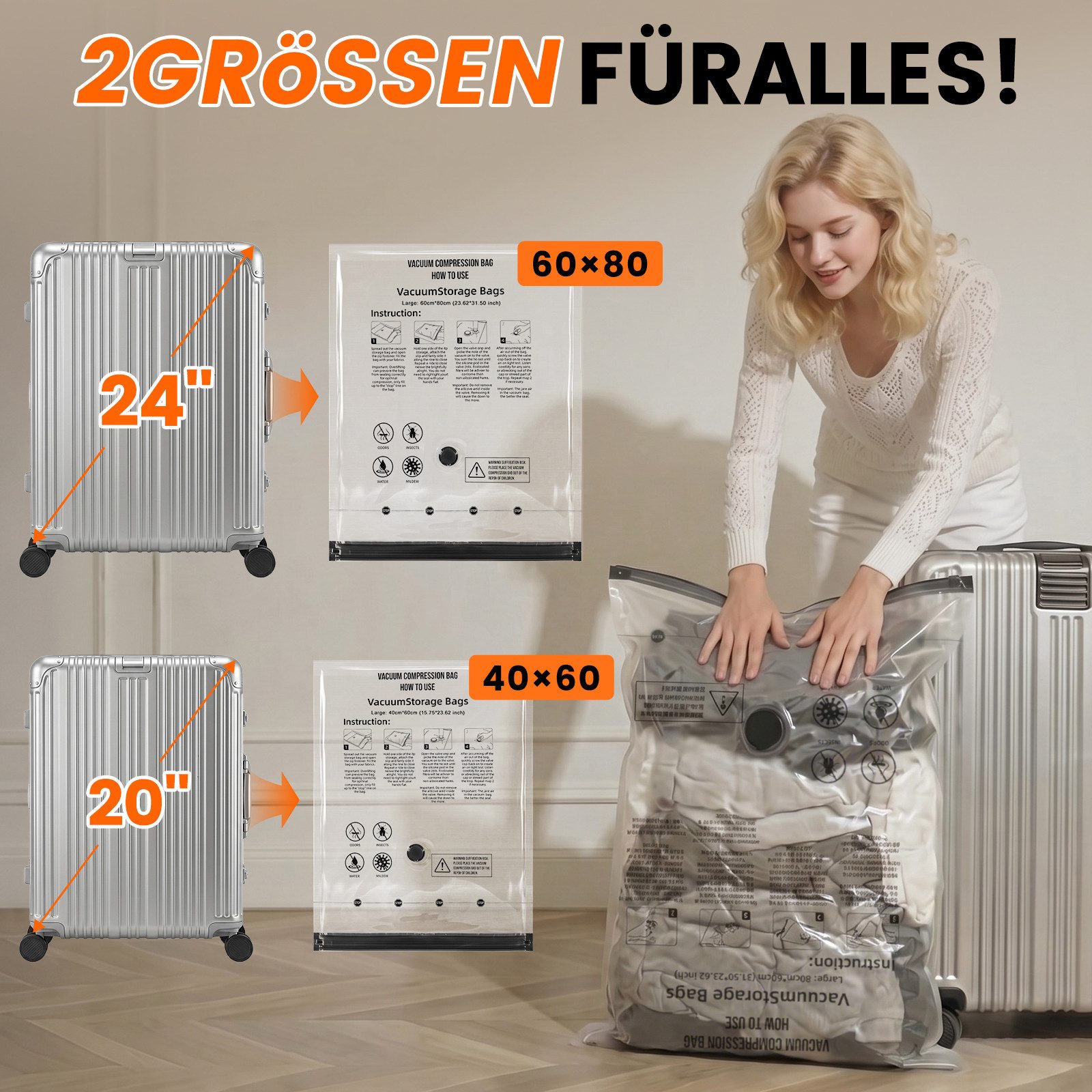 Bundviel Kofferorganizer Vakuumbeutel für Kleidung mit kabelloser Vakuumpumpe 13 Stück (Set, 8-tlg), 4 Größen ideal für Kleidung, Handgepäck und ordentliches Packen