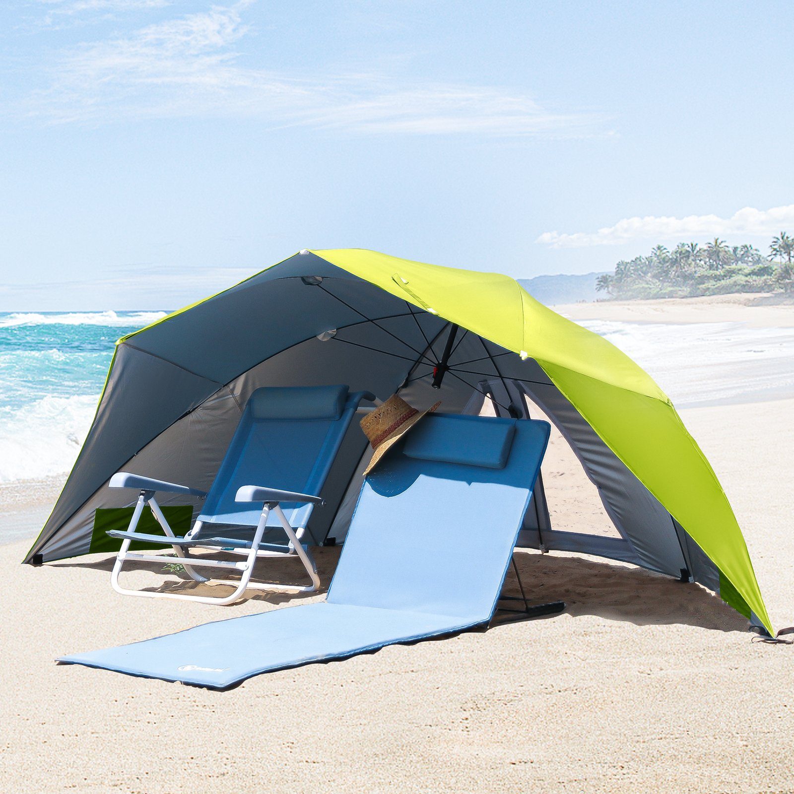 Strandschirm, Strandmuschel hellgrün umbrella mit für UV-resistentes Khaki, system Personen Umfunktionieren zum 50+ Sonnenschirm 2-3 HOMECALL