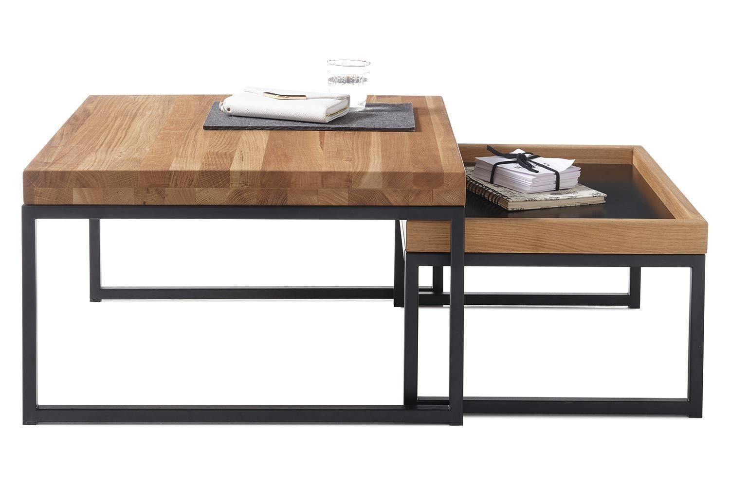 Couchtisch 2-teilig LUBAO, Braun, Schwarz, Asteichenholz, Metallgestell, B 65 x H 38 x T 65 cm, B 57 x H 30 x T 45 cm