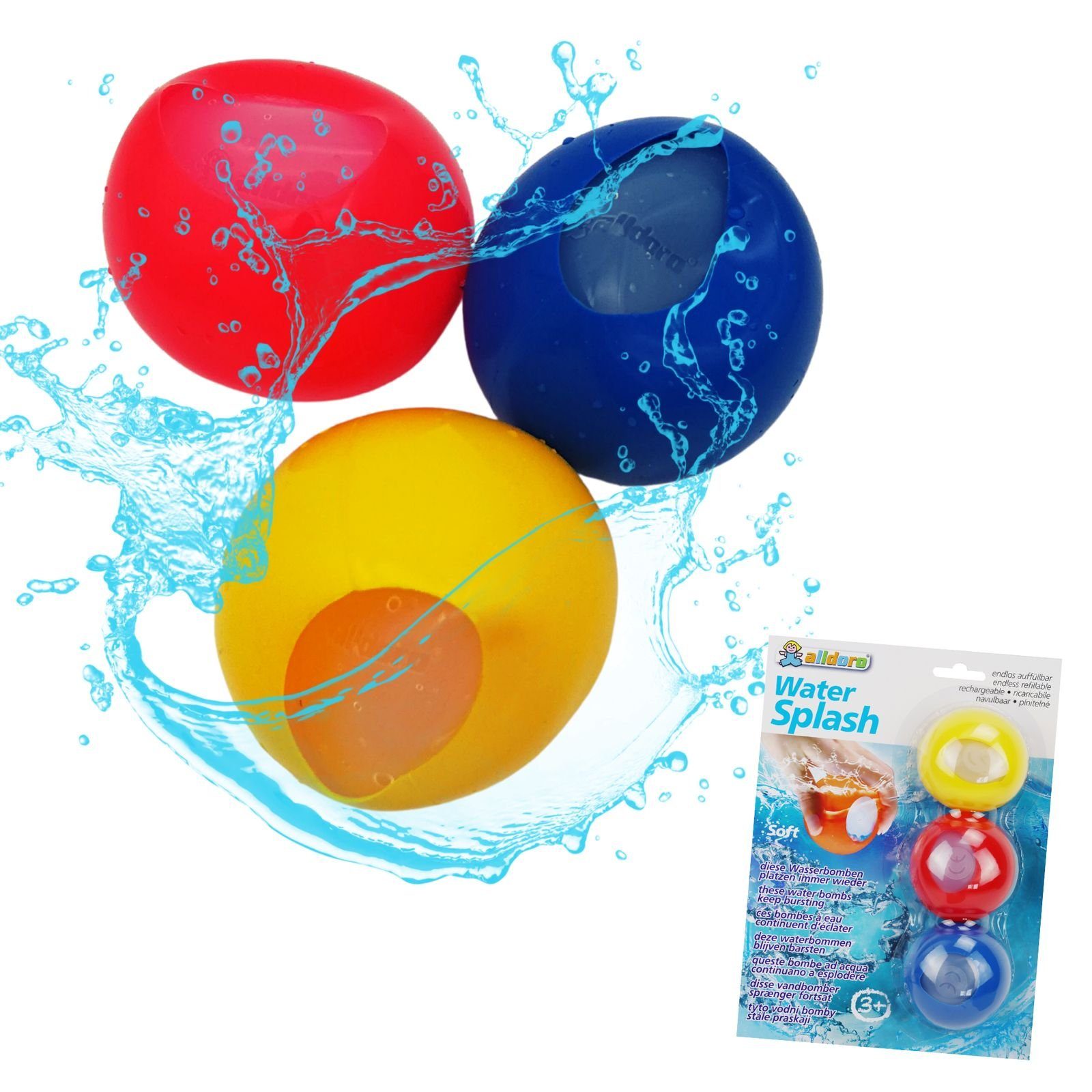 alldoro Wasserbombe 63027, Water Splash, wiederverwendbar, 3er Set in rot, gelb und blau