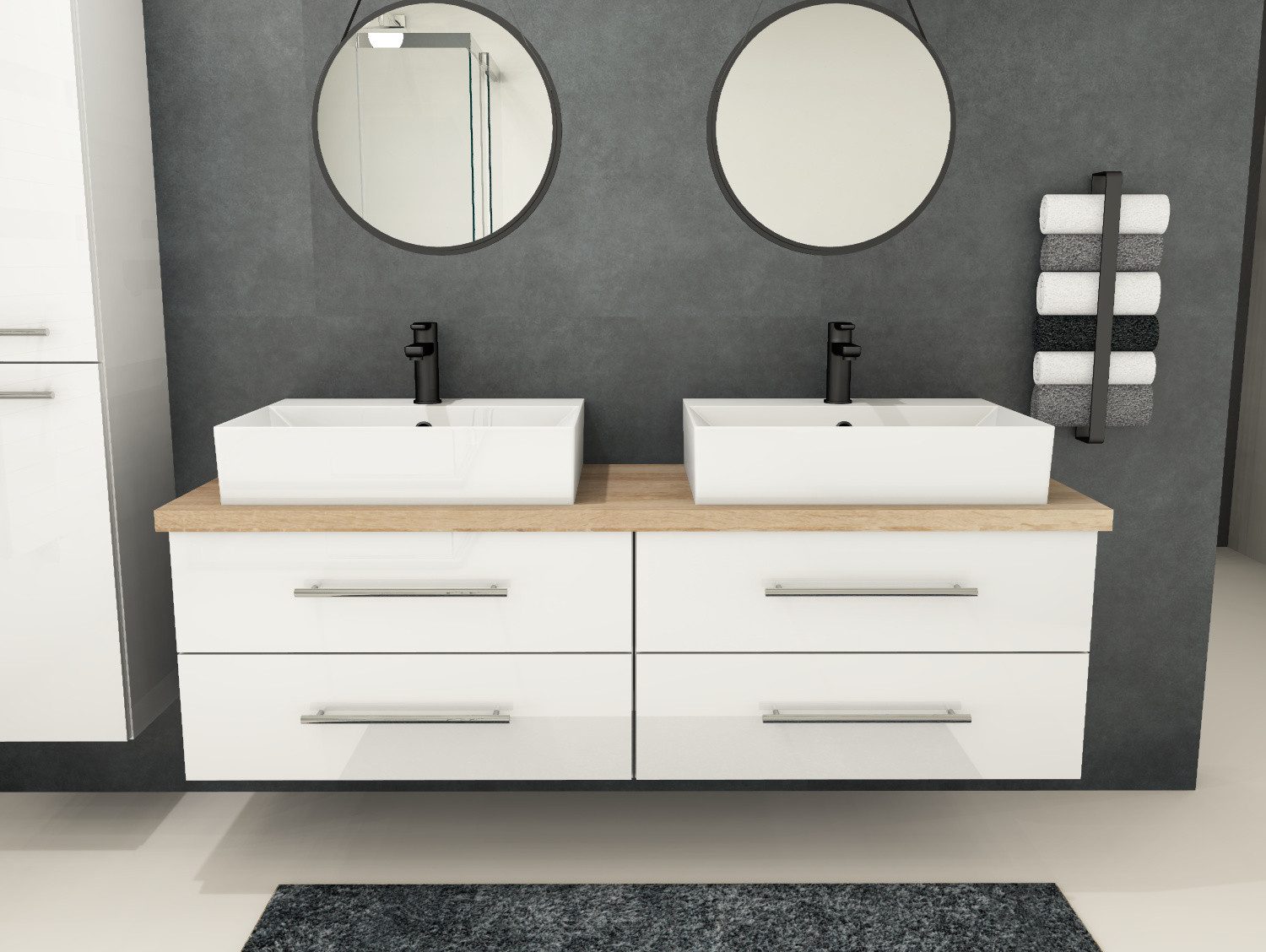 Aqua Bagno Badmöbel-Set Flex Badmöbel 160 cm Weiß Hochglanz mit Doppelwaschbecken KS.60, (vormontiert, 5-St., Badmöbelschrank lackiert, Trägerplatte, Keramikwaschbecken), einfache Montage, Skandi