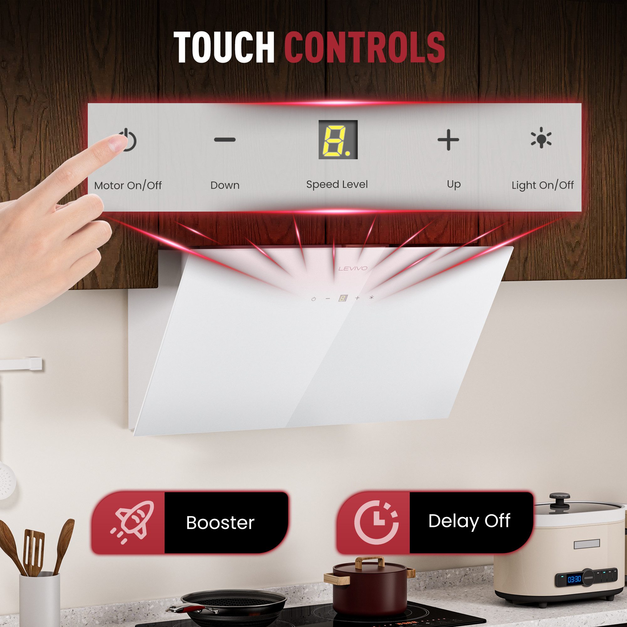 Levivo Kopffreihaube A+++ 420 m³/h Dunstabzugshaube 60cm Umluft & Abluft A+++ 420 m³/h Dunstabzugshaube 60cm Umluft & Abluft, Aktivkohlefiltern, Fettfiltern, LED-Beleuchtung