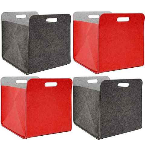 DuneDesign Aufbewahrungsbox 4er Set Filz Aufbewahrungsbox 33x33x38 cm Kallax (4 St), Filzkorb Regal grau-rot