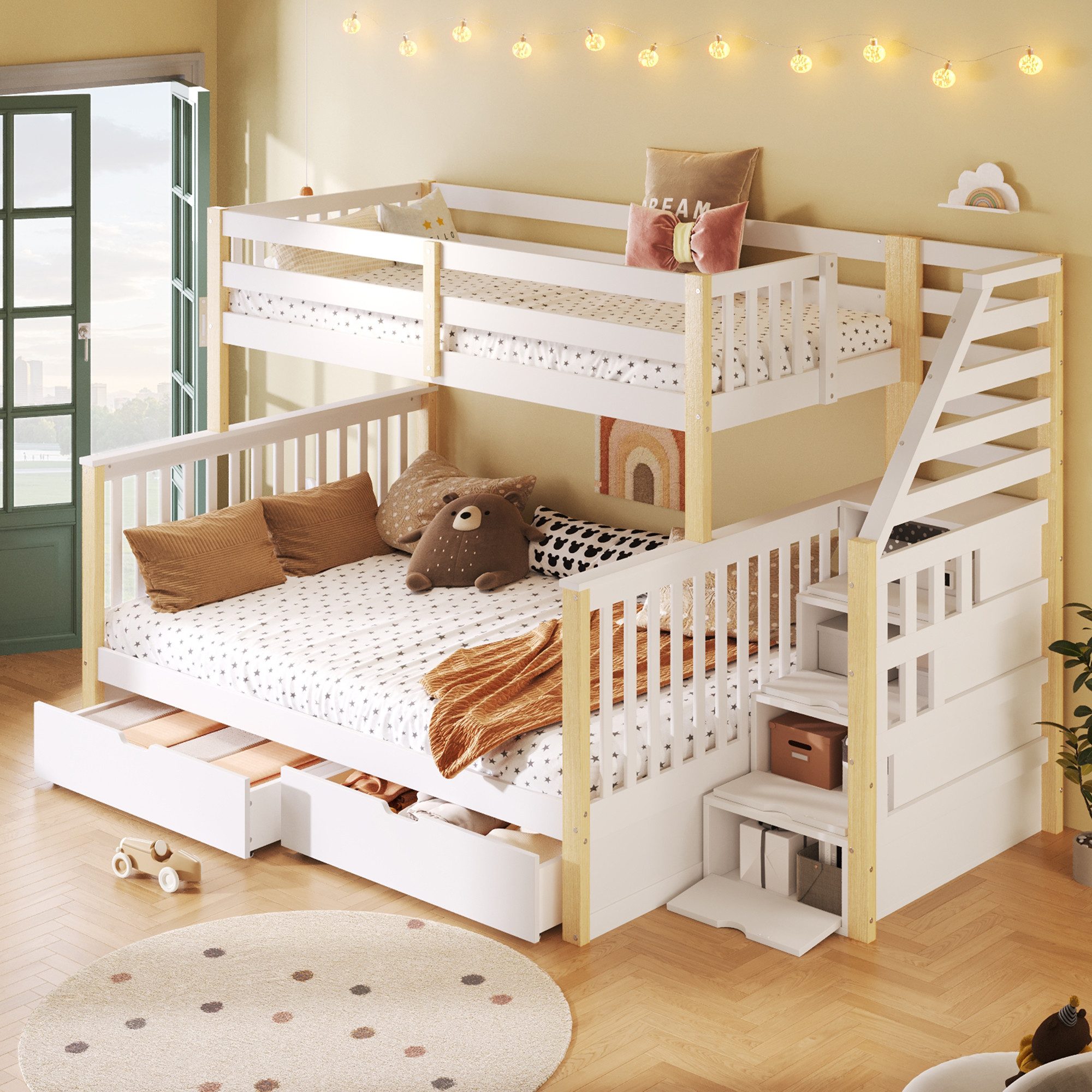 TavilaEcon Etagenbett Kinderbett, Jugendbett mit 2 Schubladen und speziellen Schutzgitter, mit hochwertigem Kiefernholz, 90×200cm/140×200cm
