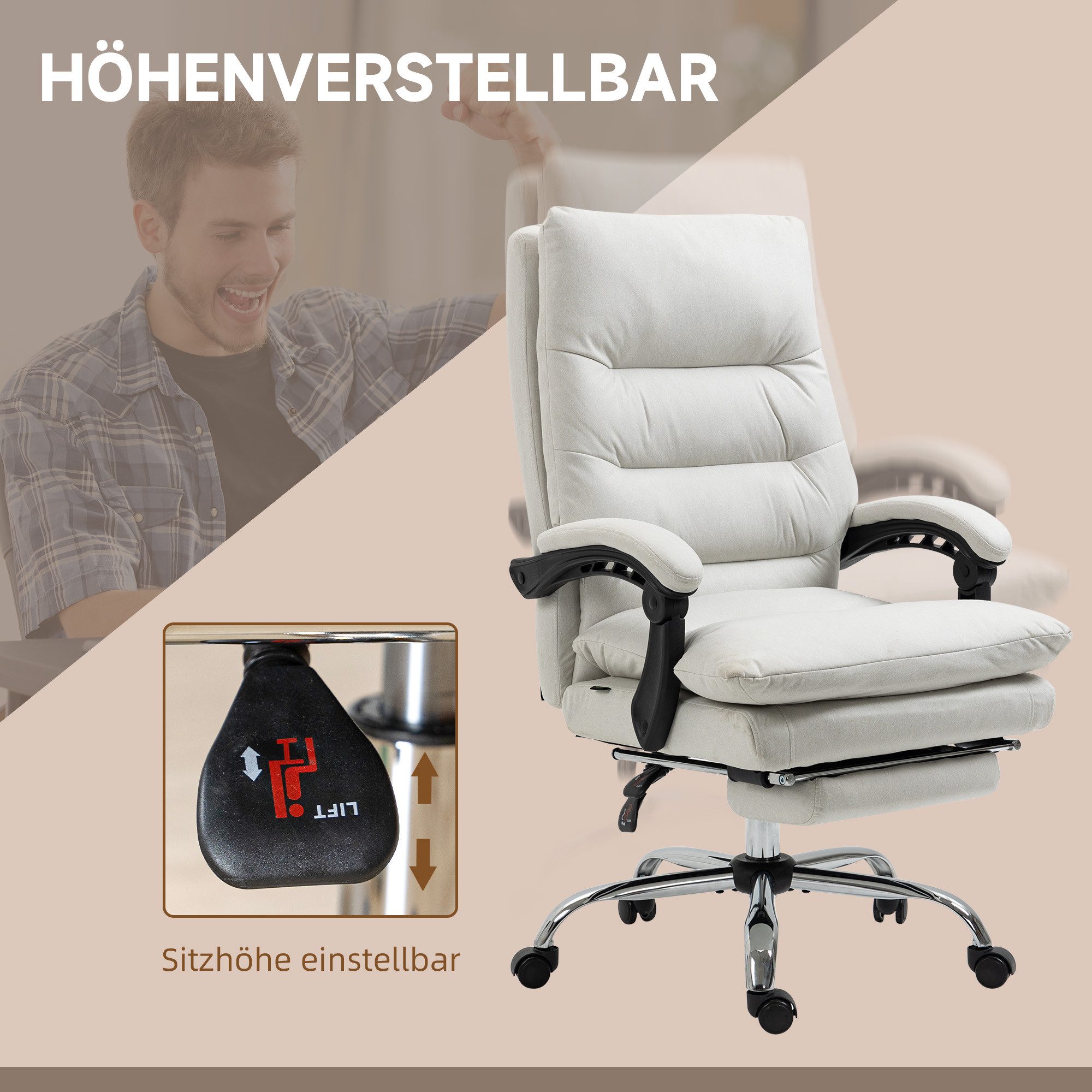 Vinsetto Schreibtischstuhl Ergonomischer Chefsessel Höhenverstellbar Computerstuhl Mikrofaser (Chefsessel, 1 St), 120 kg Belastbar, Beige – Bild 5 von 5
