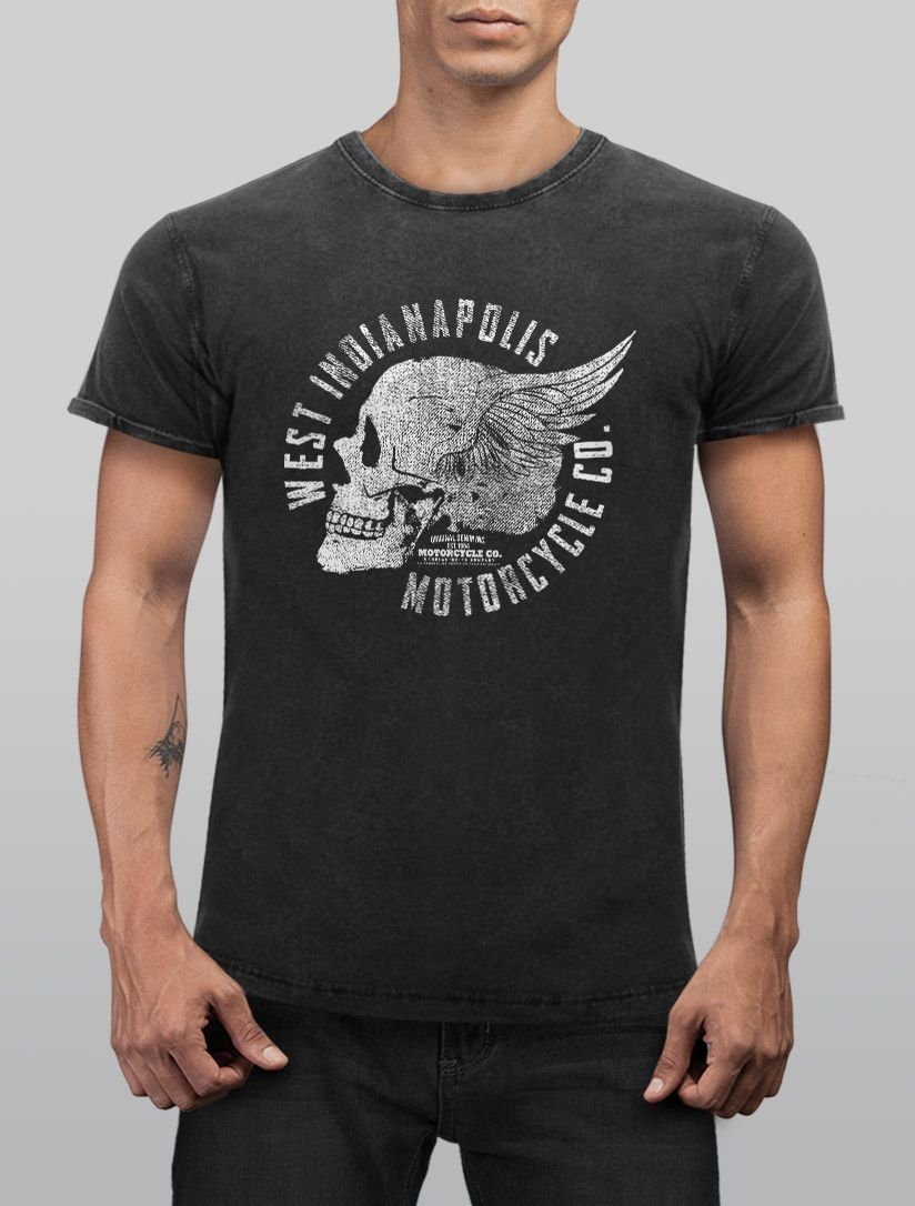Fit Wings Herren Totenkopf mit Print-Shirt Used schwarz Cooles Neverless Neverless® Slim Skull Vintage Print Look T-Shirt Angesagtes
