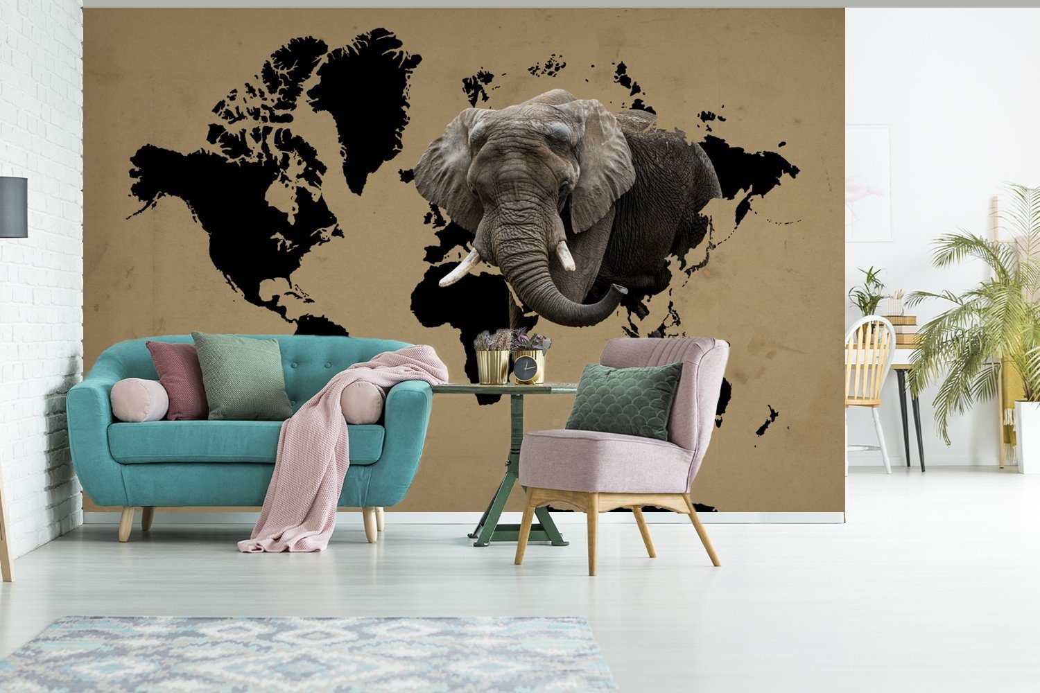 Matt, Wallpaper Elefant, Kinderzimmer, - MuchoWow Fototapete St), - für Schlafzimmer, bedruckt, Tapete Vinyl Weltkarte Wohnzimmer, Schwarz (6