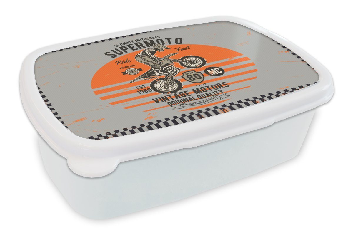 MuchoWow Lunchbox Mancave - Motorrad - Vintage - Orange - Grau, Kunststoff, (2-tlg), Brotbox für Kinder und Erwachsene, Brotdose, für Jungs und Mädchen weiß