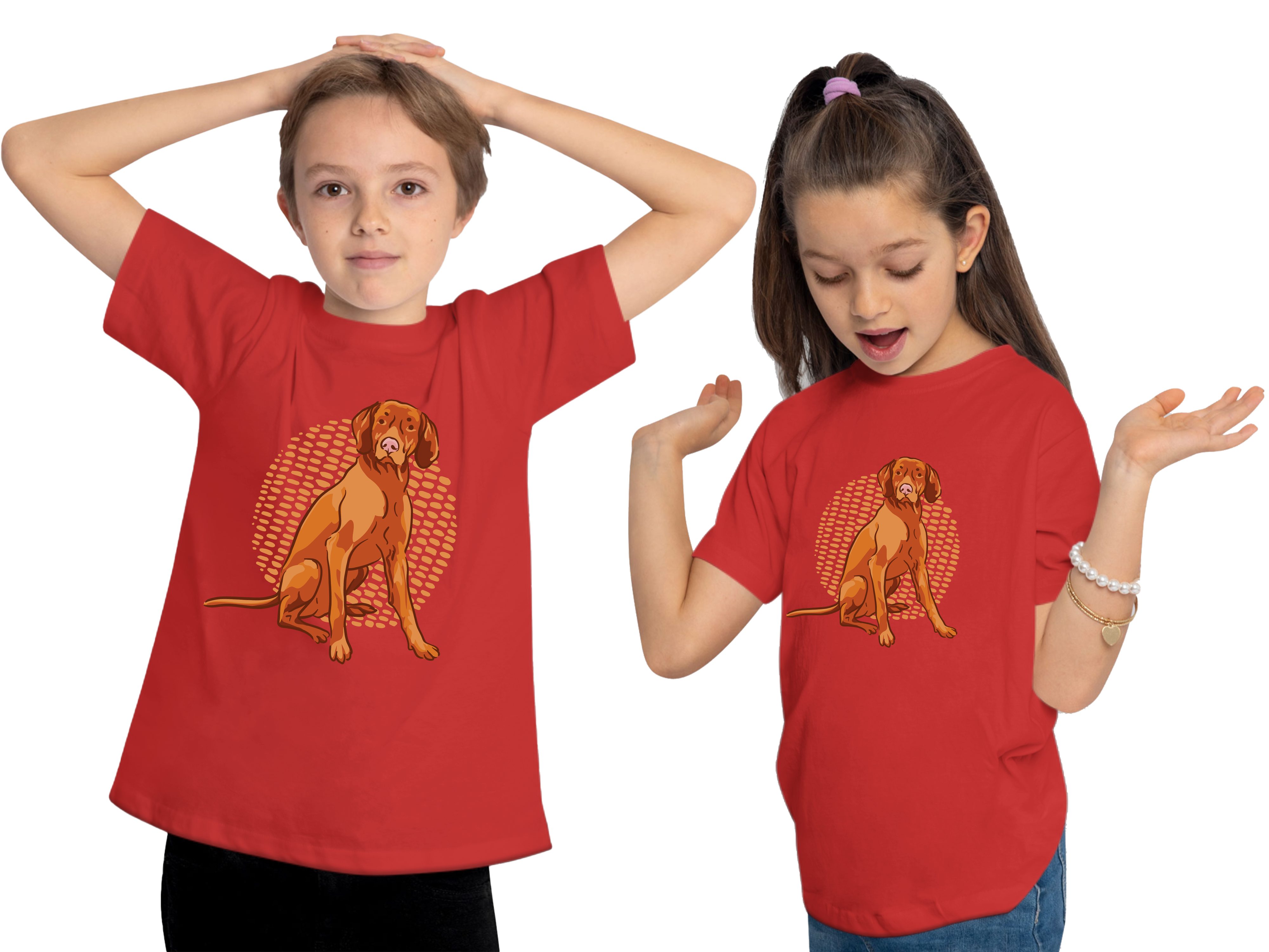 MyDesign24 T-Shirt Kinder Hunde bedruckt - brauner mit Baumwollshirt Print Aufdruck, i257 rot Hund Shirt Sitzender
