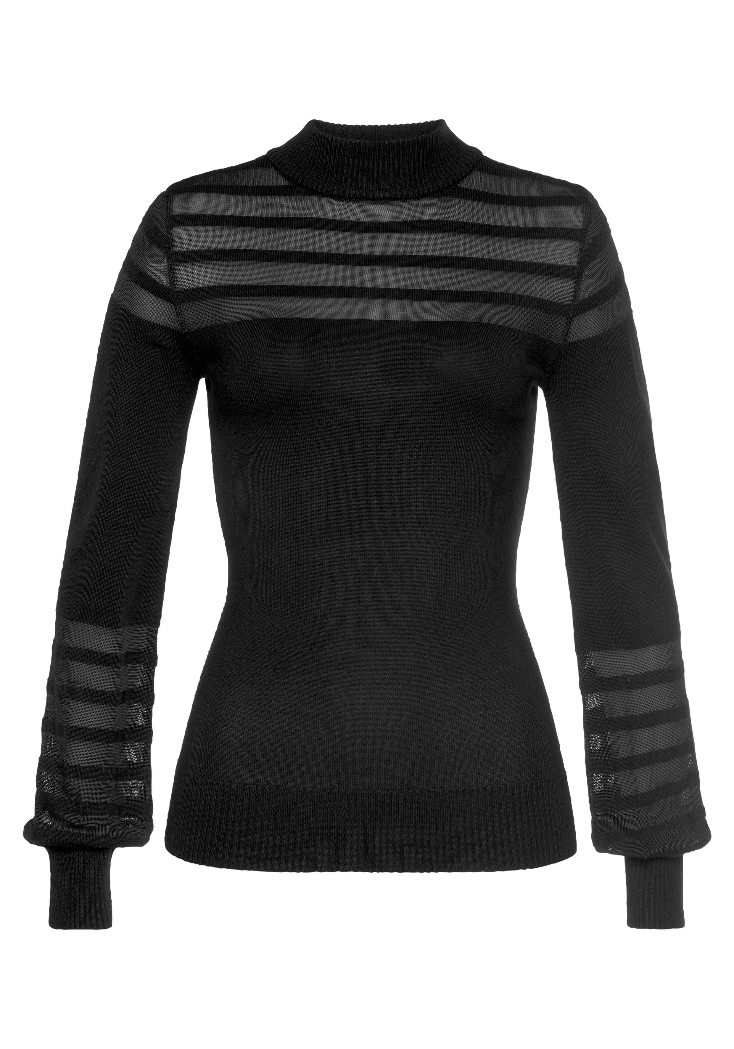 Melrose Stehkragenpullover mit transparenten Streifen und Ballonärmeln. Reduzierter Preis € 47,99. Unverbindliche Preisempfehlung € 58,99, (€ 47,99 pro 1 Stk)