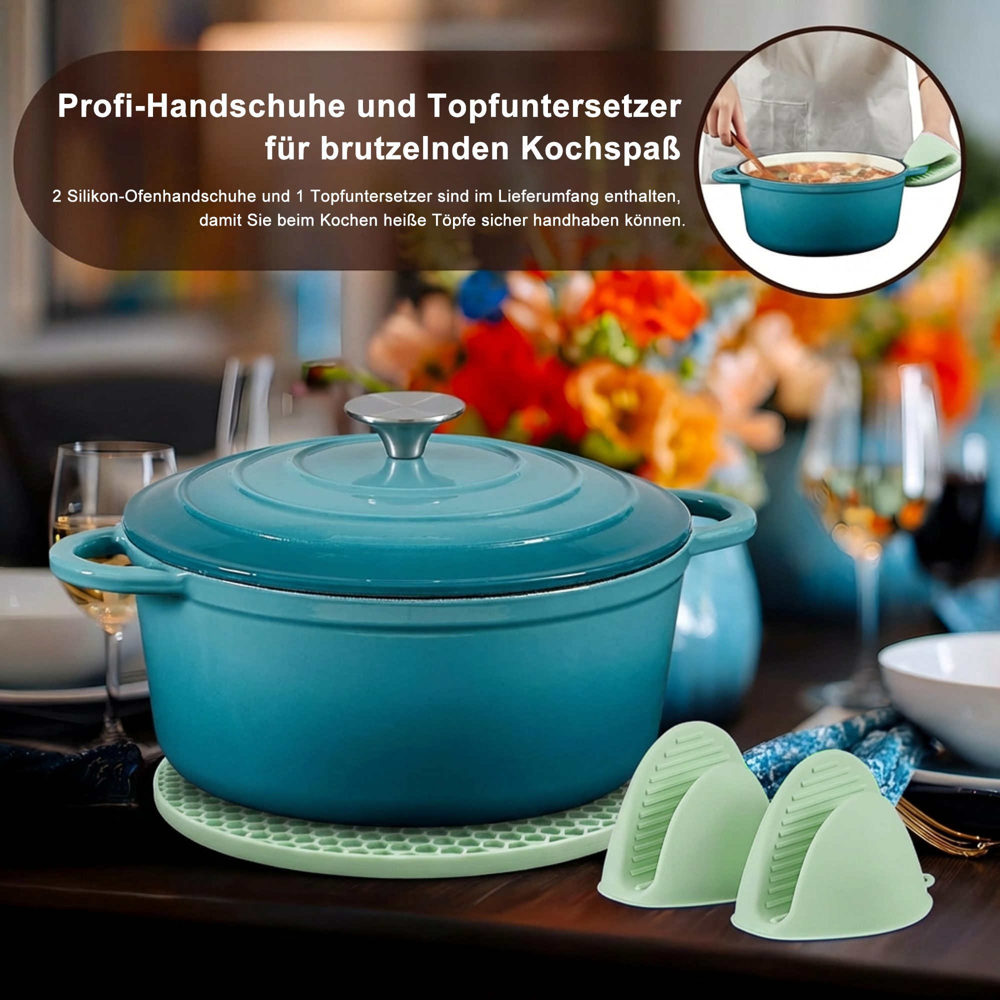 Zedelmaier Bräter Gusseisen Topf 22/24/26cm Incl. Silikon Topflappen Topfuntersetzer, (Set, 1 Pot mit 1 lid, 2 Ofenhandschuhe, 1 Topfuntersetzer), Backofengeeignet Induktionsgeeignet Zum Braten, Schmoren, Kochen