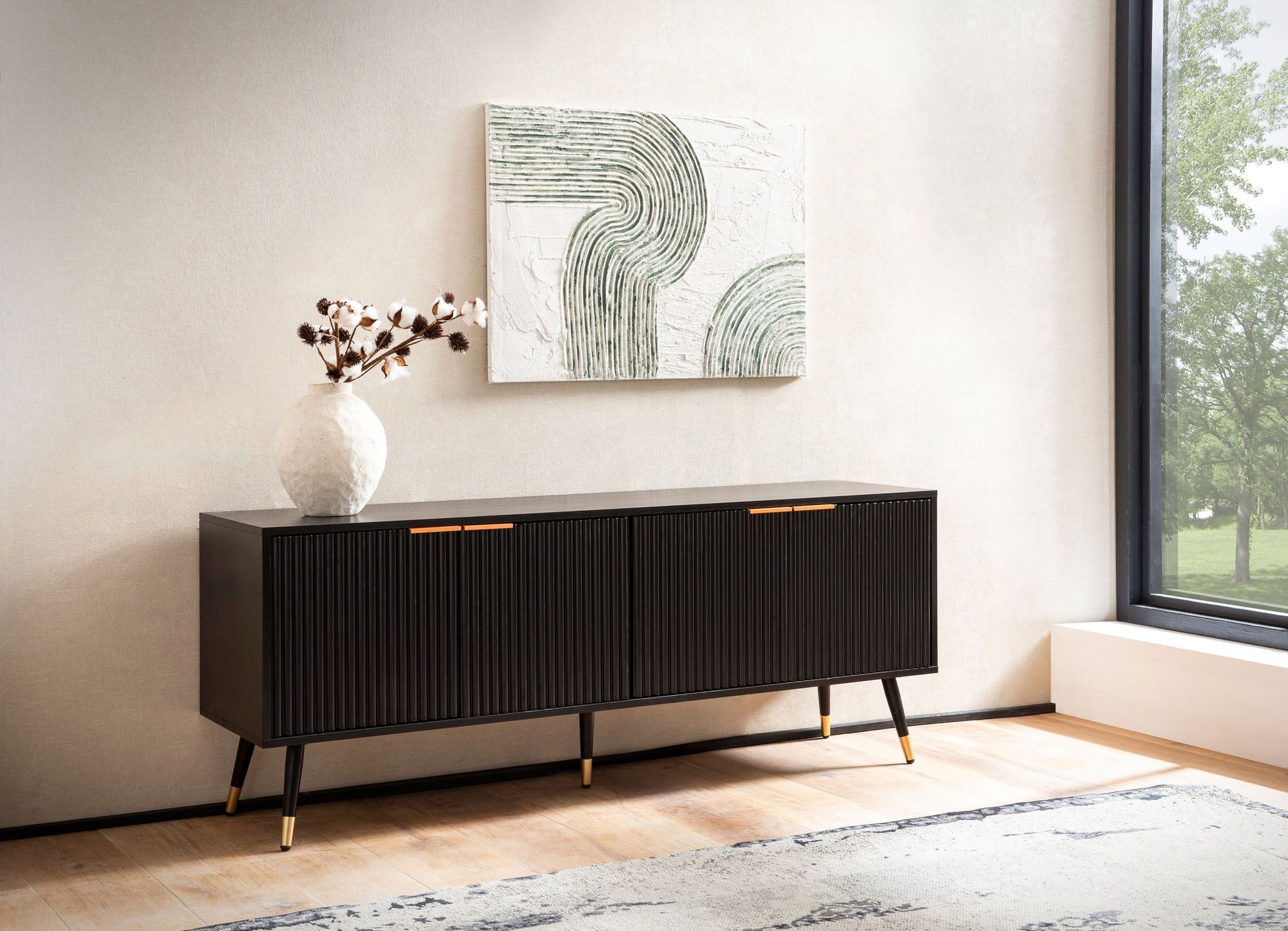 Wohnling Lowboard WL6.886 150 cm TV Schrank Schwarz Türen Fernsehkommode Eiche Modern (Schwarz Eiche-Dekor, 150x60x39 cm, vier Türen), TV-Schrank Modern Fernsehtisch, TV-Kommode Hoch