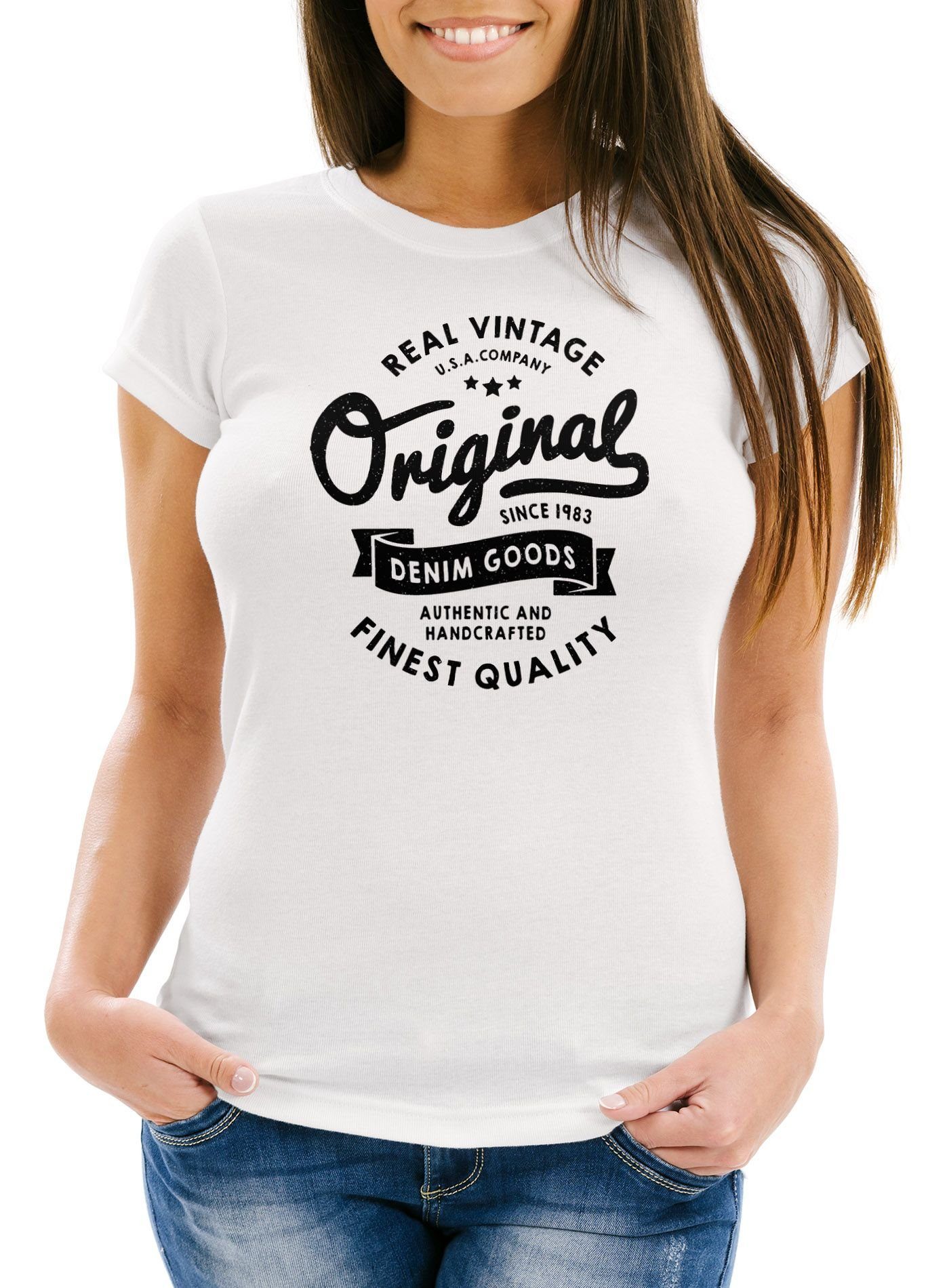 Neverless Print-Shirt cooles Damen T-Shirt Original Denim Goods Vintage Druck Original Slim Fit Neverless® mit Print