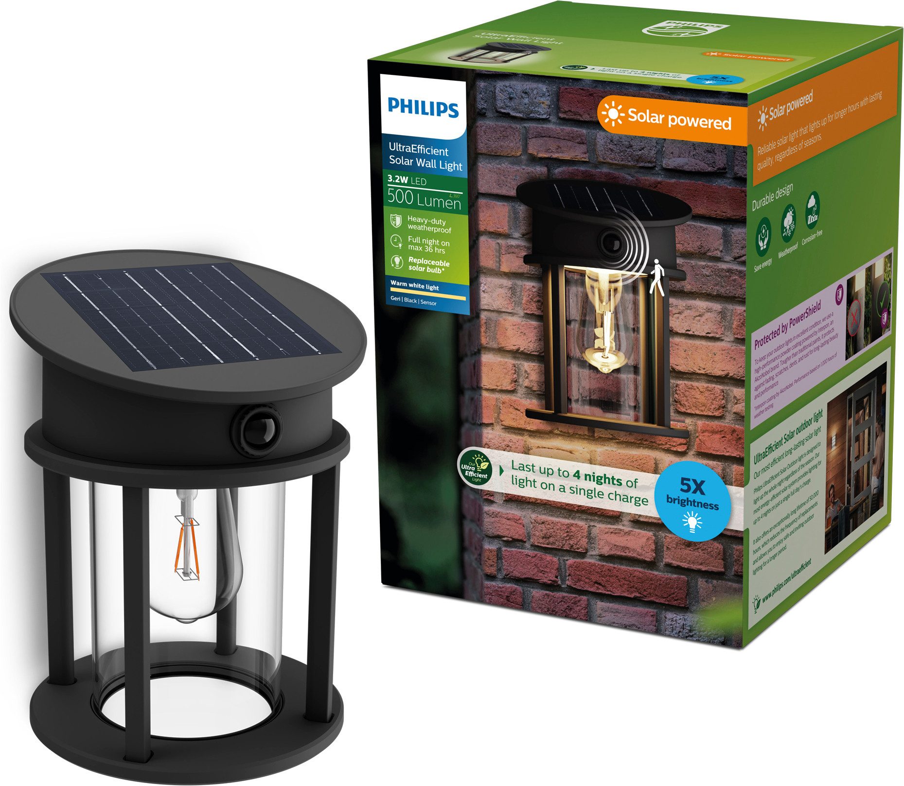 Philips LED Solarleuchte Outdoor Ultra-Efficient Geri, Speziallampe austauschbar,2700 K, 470 lm, Abschaltautomatik, Nachtlichtfunktion, Timerfunktion, LED wechselbar, Warmweiß