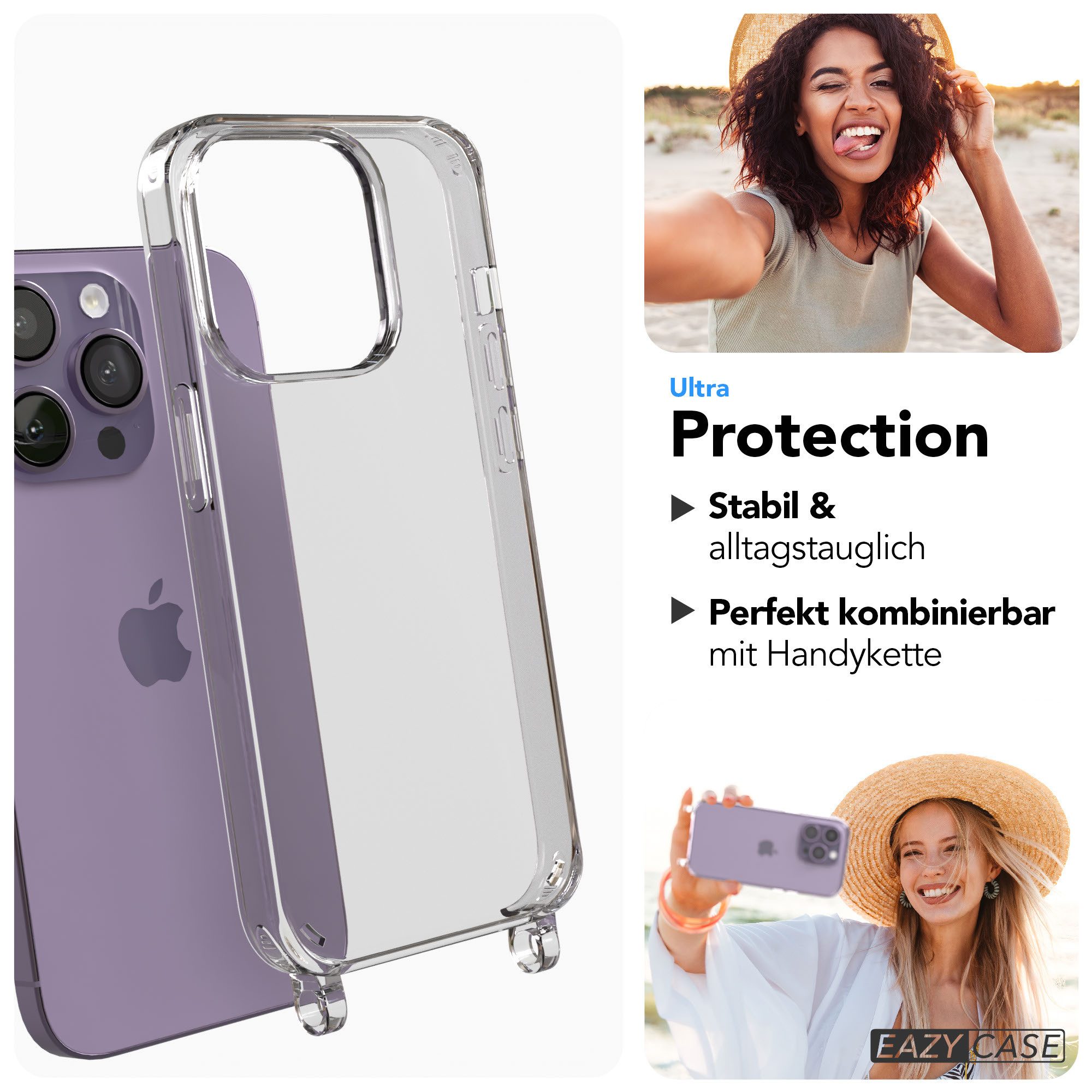 EAZY CASE Handykette Handyhülle für Handyketten mit Befestigungsösen für iPhone Modelle 6,1 Zoll, Hülle für Handykette, Transparent mit Ösen für Apple iPhone 14 Pro
