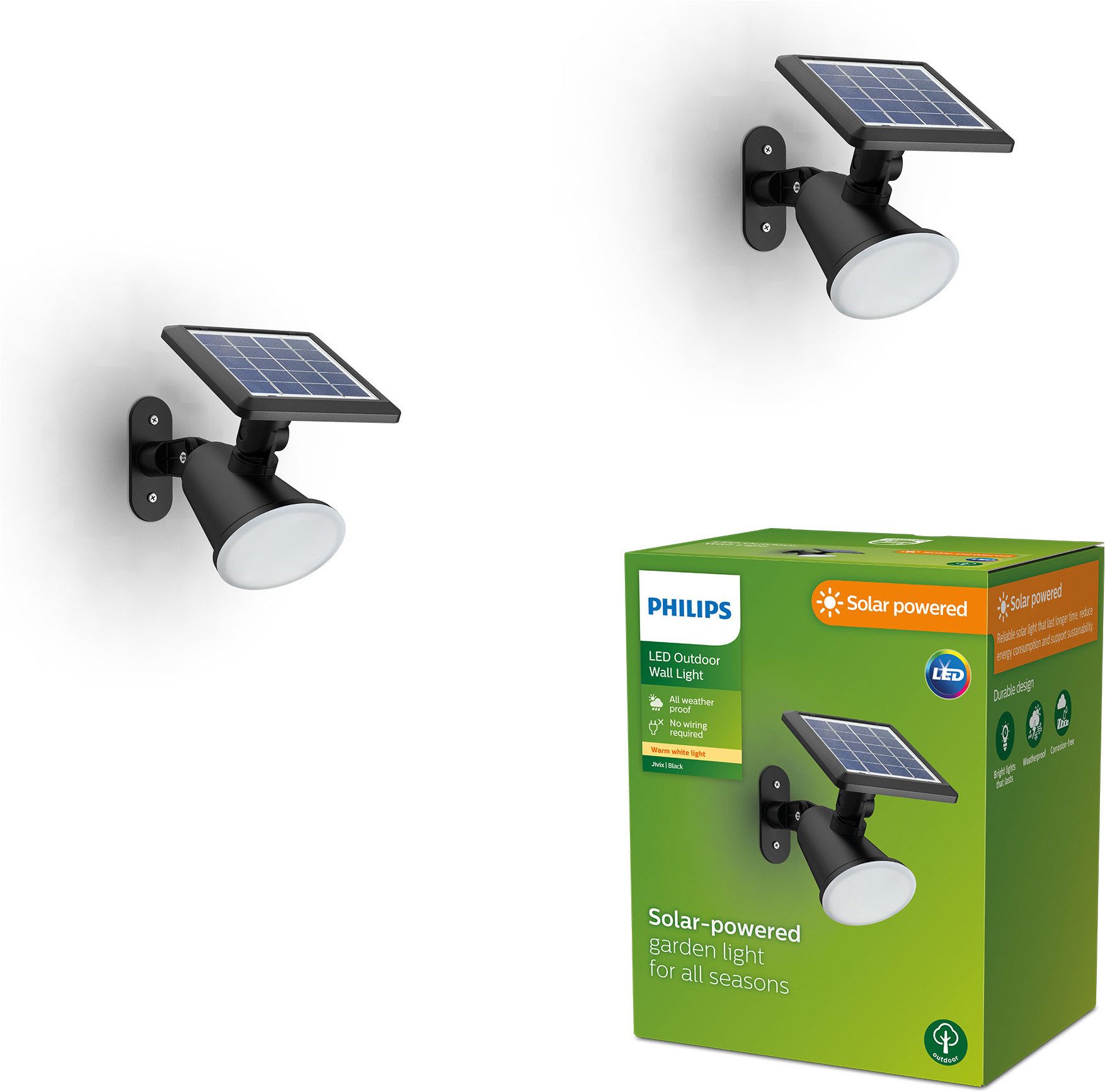Philips LED Solarleuchte 2er Pack Outdoor Solar Jivix Spotleuchte, Abschaltautomatik, Tageslichtsensor, LED fest integriert, Warmweiß, Tageslichtsensor, 2700 Kelvin, schwarz