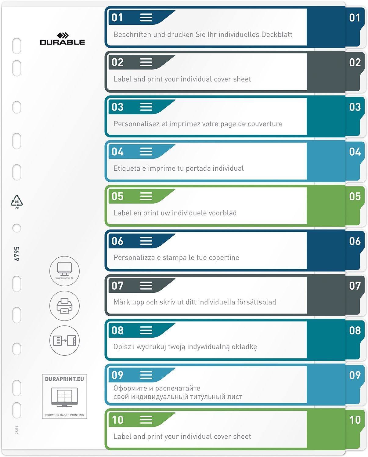 DURABLE Aktenordner Ordnerregister PP 1-10 farbige Taben beschriftbar A4+ hoch 245x305mm