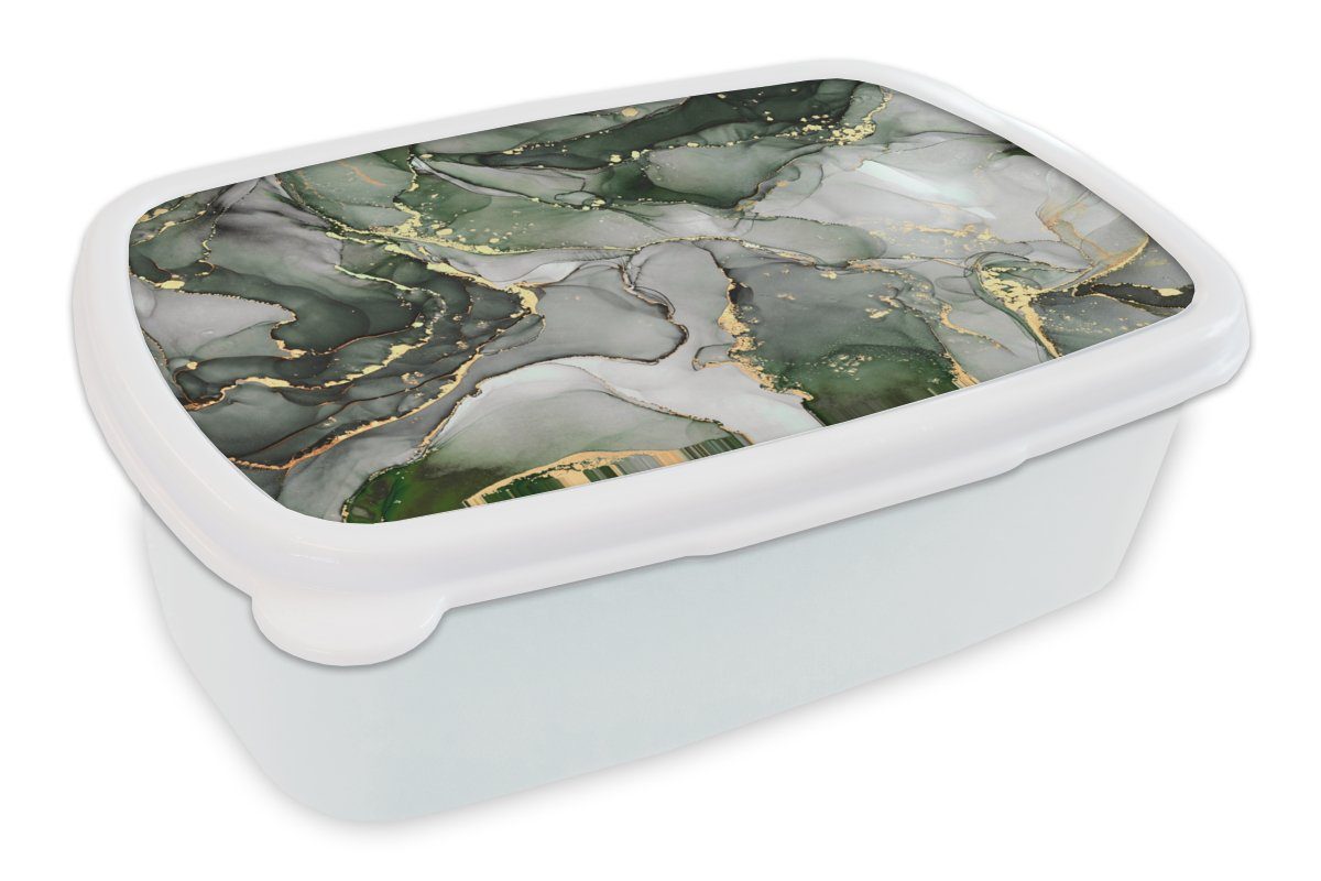 MuchoWow Lunchbox Luxus - Marmor - Grün, Kunststoff, (2-tlg), Brotbox für Kinder und Erwachsene, Brotdose, für Jungs und Mädchen weiß