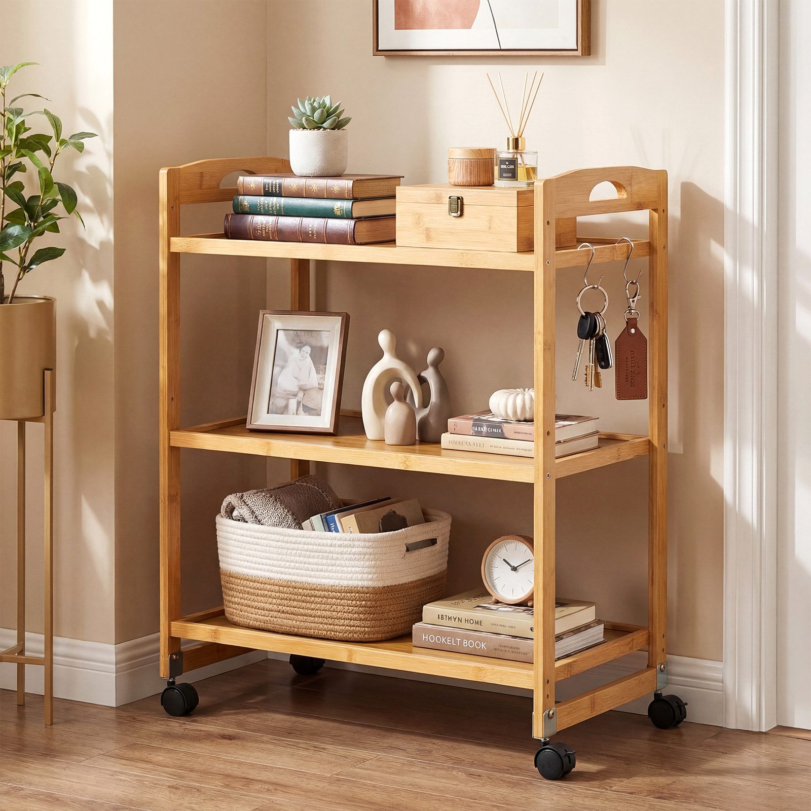 COSTWAY Servierwagen, mit Rollen, Rollwagen Bambus Natur, 60 x 33 x 72 cm