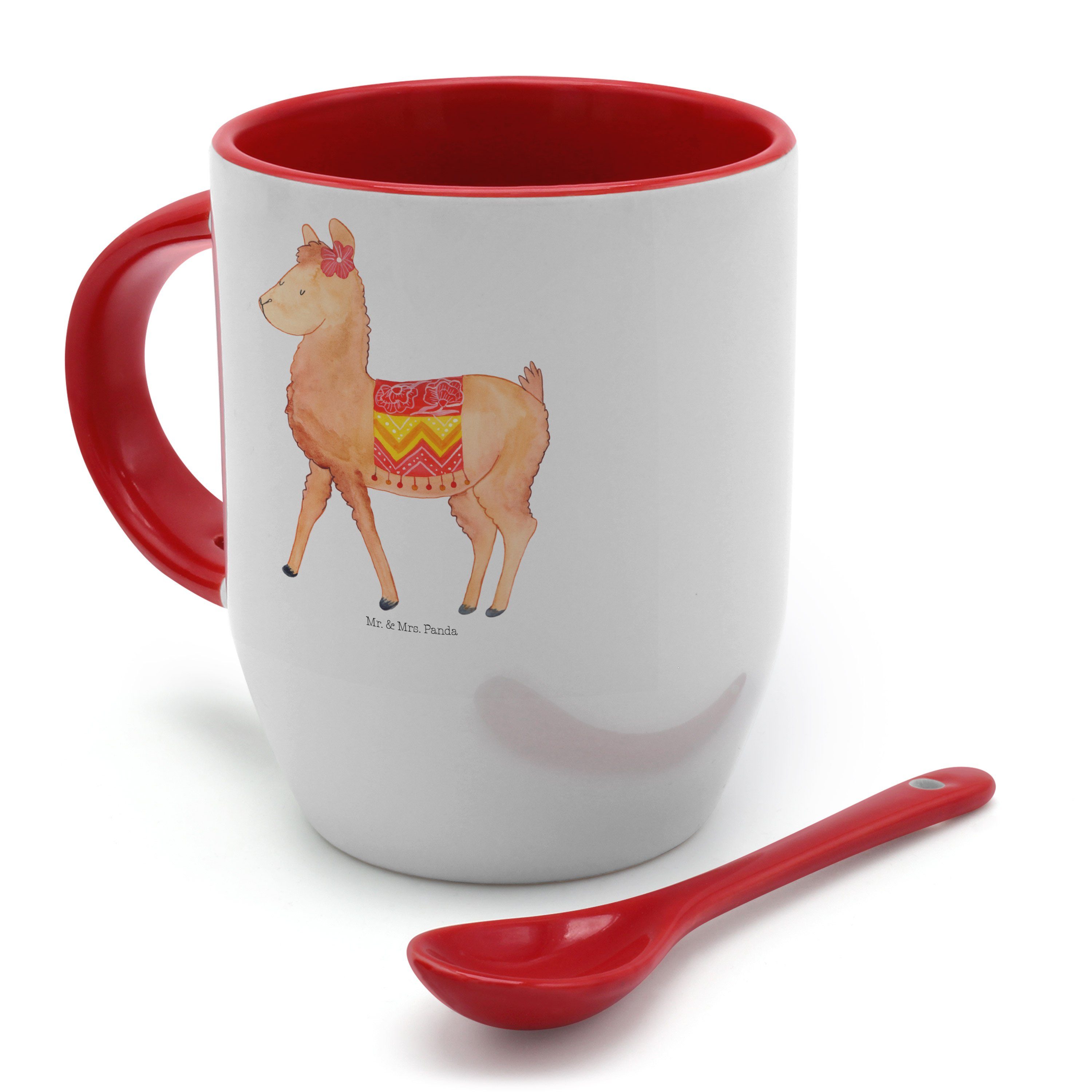 Mr. & Mrs. Panda Tasse Alpaka - Löffel, Tasse, - stolz Weiß Geschenk, Kaffeebecher, mit Tasse Keramik