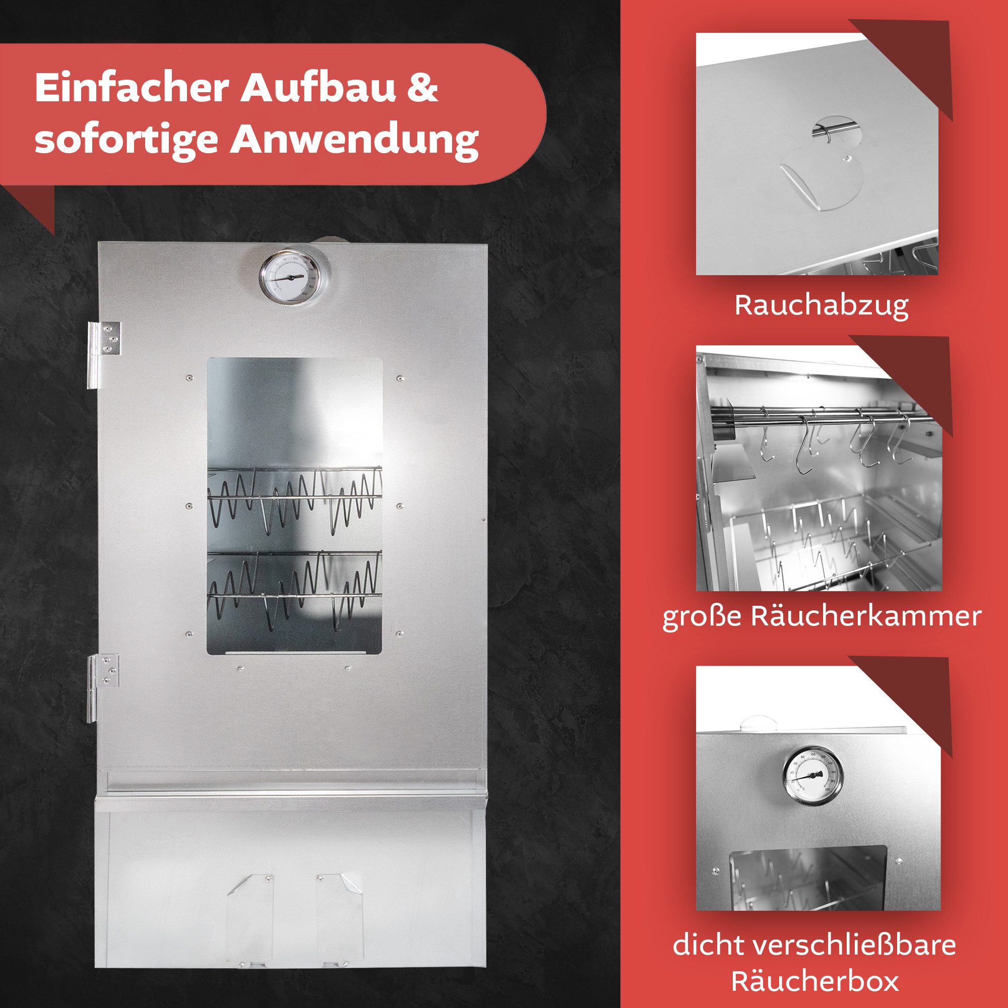 Lemodo Räucherofen Stahl mit 3 Etagen und Heizspirale, 80cm hoch, Räucherschrank, 2000 W, inklusiver Heizspirale 2.000 W – Bild 4 von 5