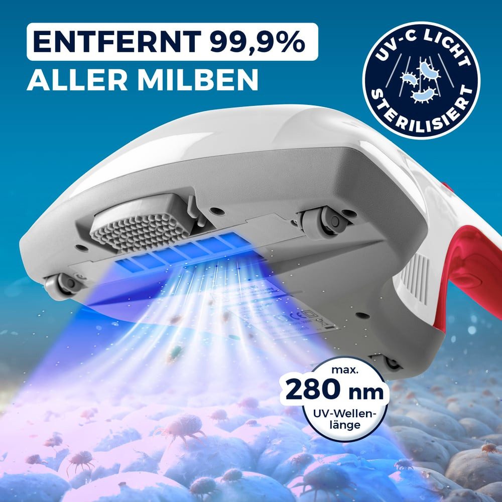 CLEANmaxx Matratzenreinigungsgerät Milbensauger Vibration, 300 W, Effektive Allergenbekämpfung durch UV-C-Licht und Feinstaubfilter