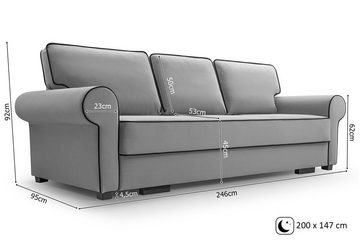 Beautysofa 3-Sitzer BELLO, in Retro-Stil, Bettkasten, Wellenfedern, für Wohnzimmer, Dreisitzer Sofa aus Veloursstoff, inklusive Schlaffunktion