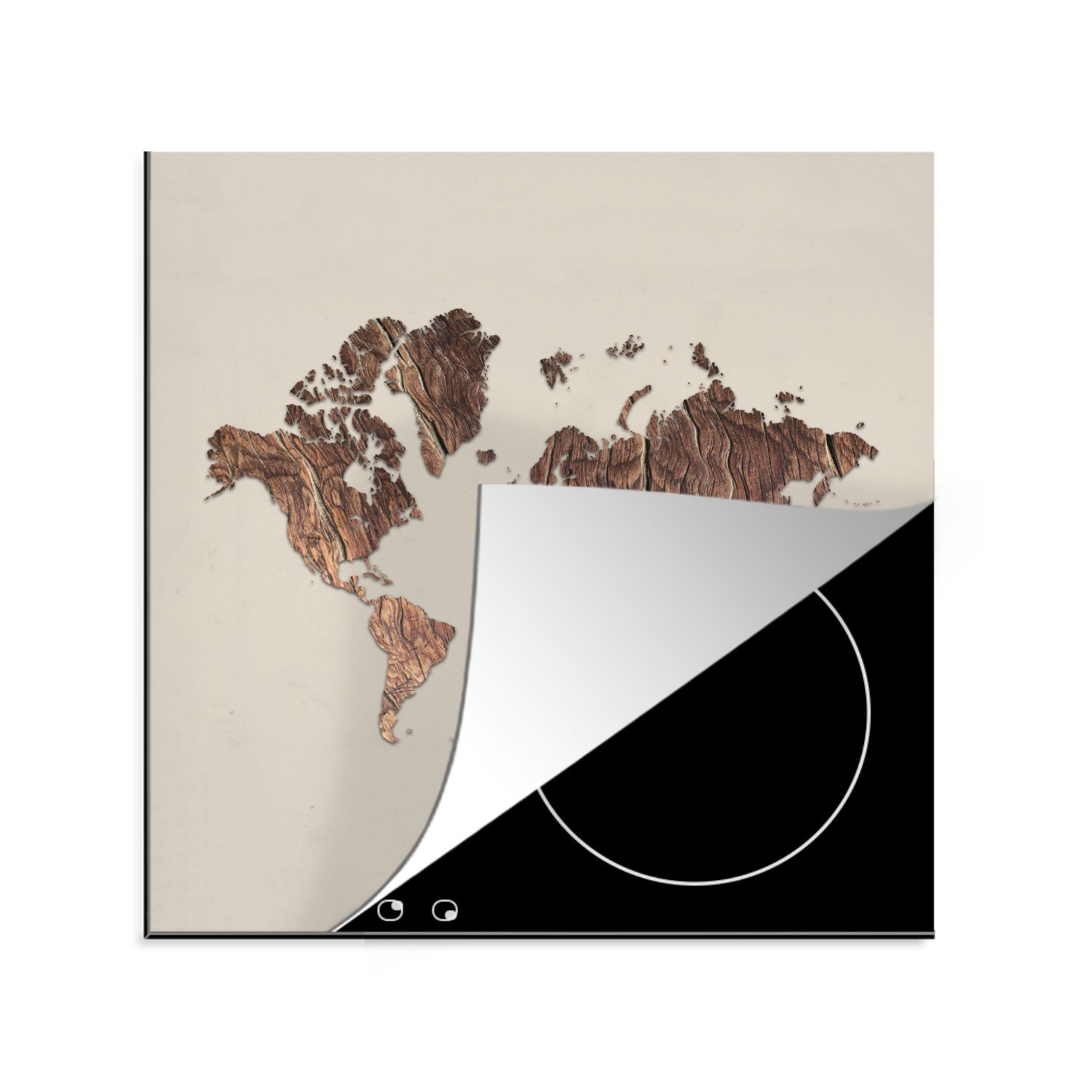 MuchoWow Herdblende-/Abdeckplatte Weltkarte - Holz - Beige, Vinyl, (1 tlg), 78x78 cm, Ceranfeldabdeckung, Arbeitsplatte für küche