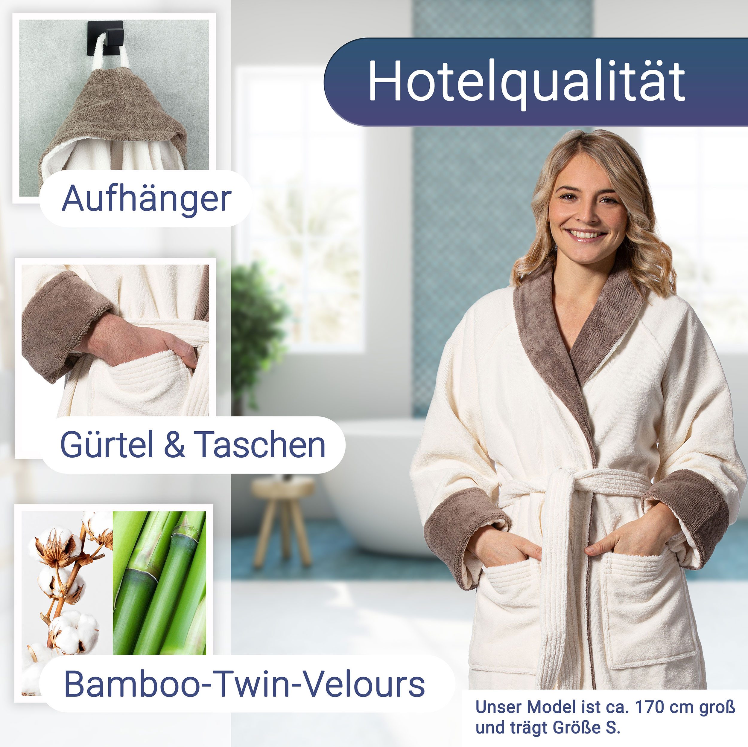 ZOLLNER Unisex-Bademantel, 50% Bambus-Viskose, 50% Baumwolle, Bindegürtel, saugfähig und kuschelig, Gürtel, 50% Bambus-Viskose, 50% Baumwolle, vom Hotelwäschespezialisten