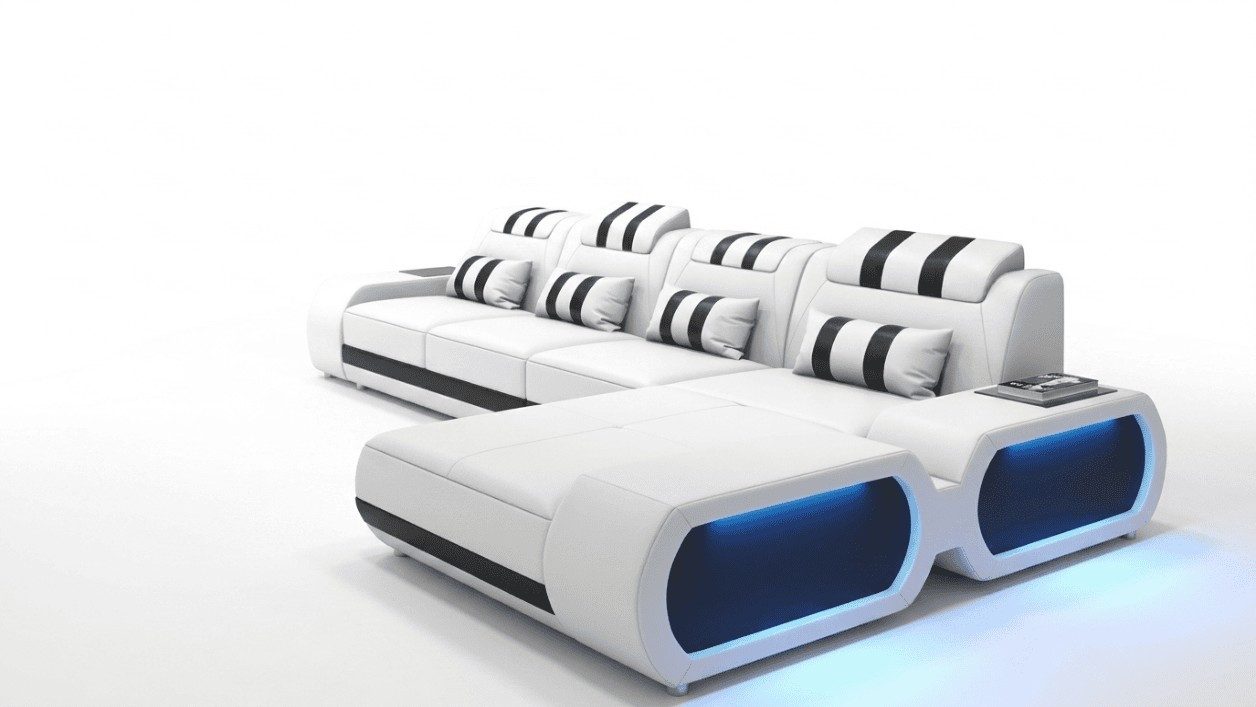 Xlmoebel Wohnlandschaft Weißes L-förmiges Ecksofa mit Couchtisch und LED-Beleuchtung, 2 Teile, Made in Europa