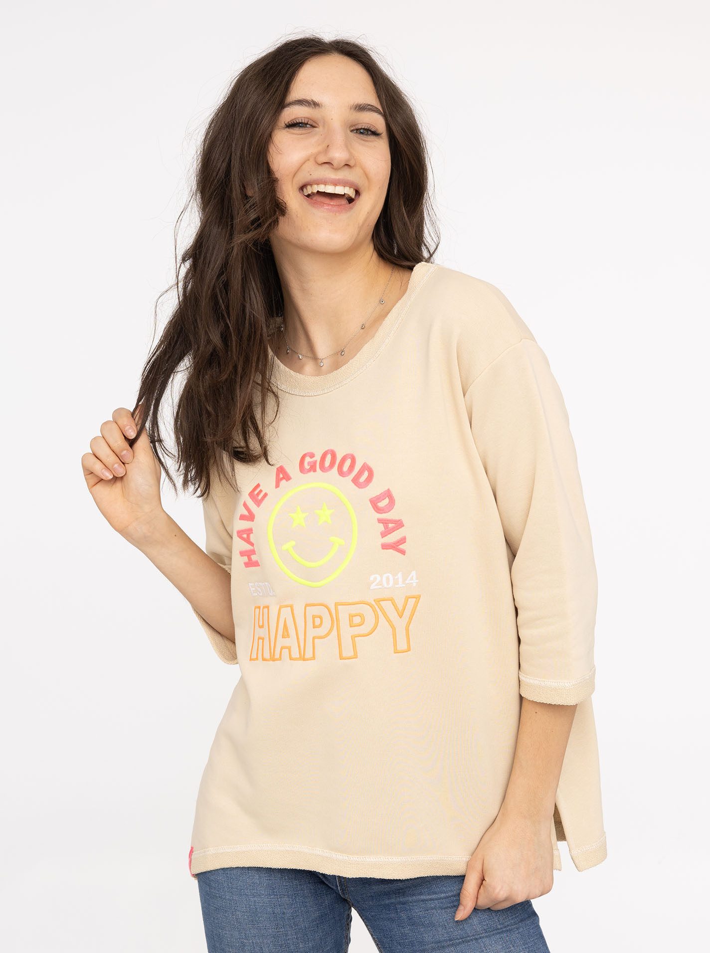 Zwillingsherz Langarmshirt "Happy" 3/4-Arm, Rundhalsausschnitt, Stickerei