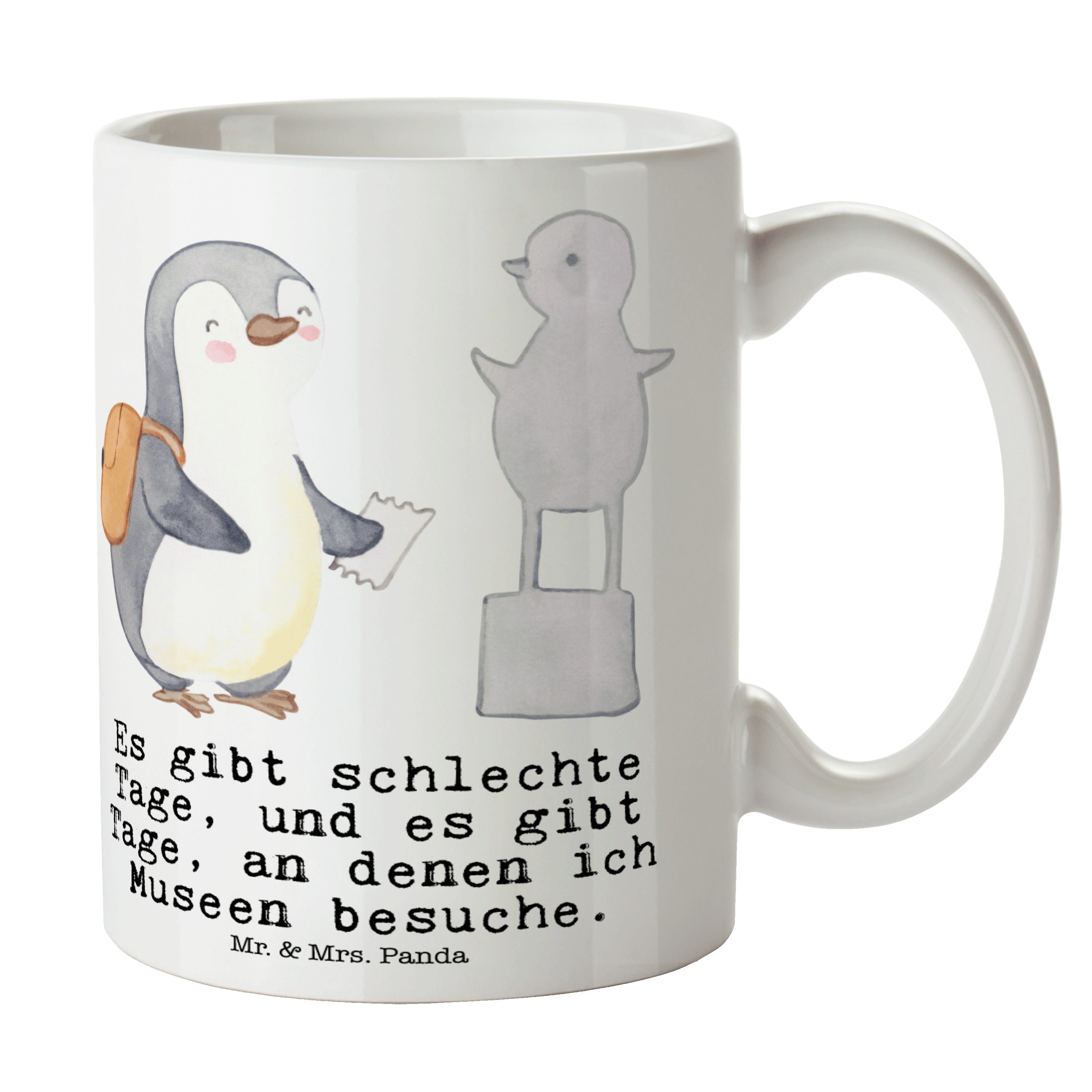 Mr. & Mrs. Panda Tasse Pinguin Museum besuchen Tage - Weiß - Geschenk, Porzellantasse, Danke, Keramik
