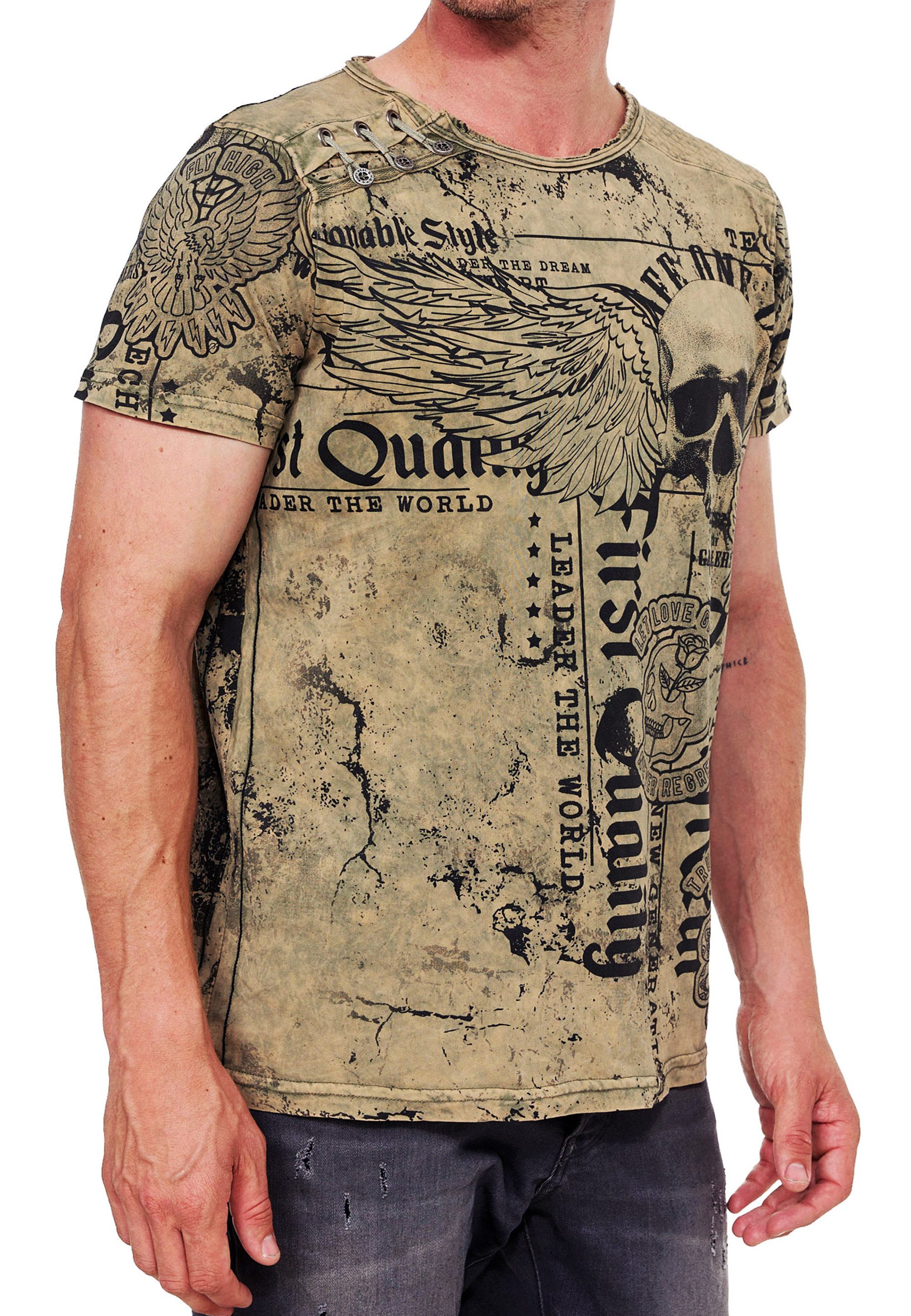 R-NEAL T-Shirt Skull Print Oil Washed günstig online kaufen
