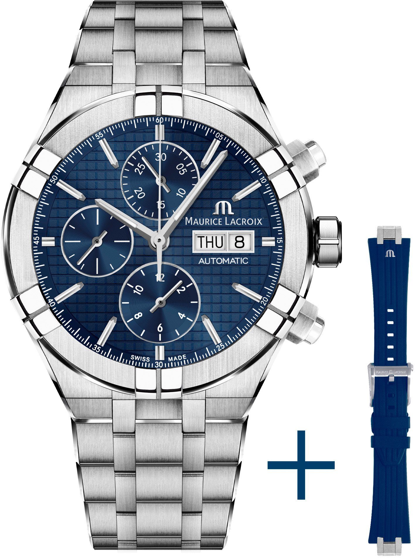 MAURICE LACROIX Chronograph Aikon Chronograph, AI6038-SS00F-430-C, (Set, 2-tlg., mit Wechselarmband aus blauem Kautschuk), Armbanduhr, Herrenuhr, Automatik, Swiss Made