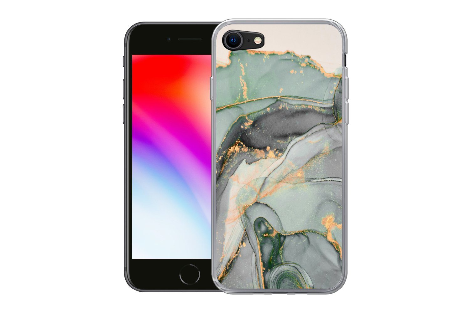 MuchoWow Handyhülle für Apple iPhone 8 Gold - Marmor - Grün - Luxus - Glitzer - Marmoropti, Smartphone-Bumper, Print, Handy Schutzhülle Dünn