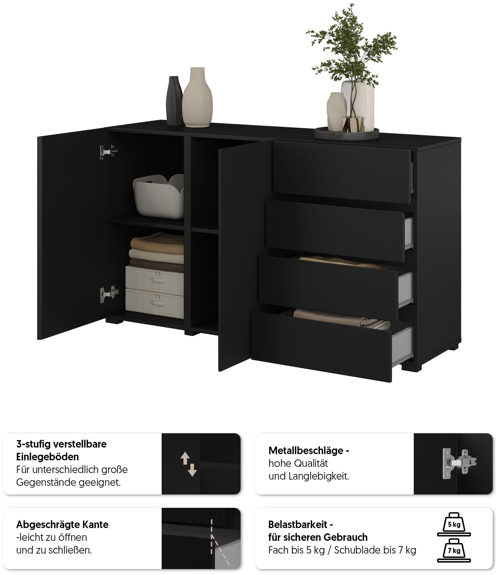 OTTO home Sideboard Metric,Breite 138 cm, grifflose Kommode 2 Türen/4 Schubkästen, Schubladenschrank mit viel Stauraum, Einlegeböden verstellbar