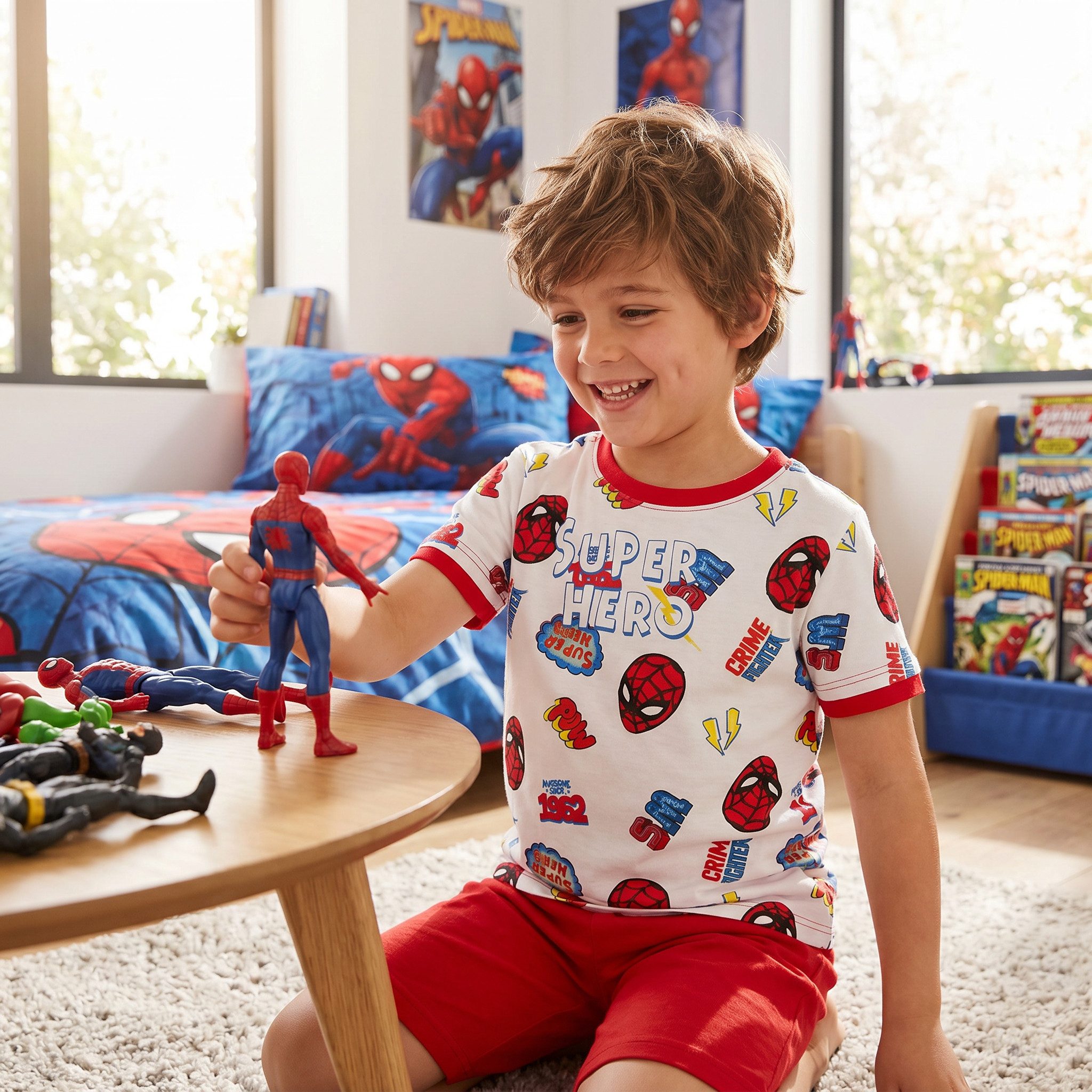MARVEL Schlafanzug Spiderman kurzarm Kinder Pyjama Gr. 104 bis 134, 100% Baumwolle, Blau oder Rot