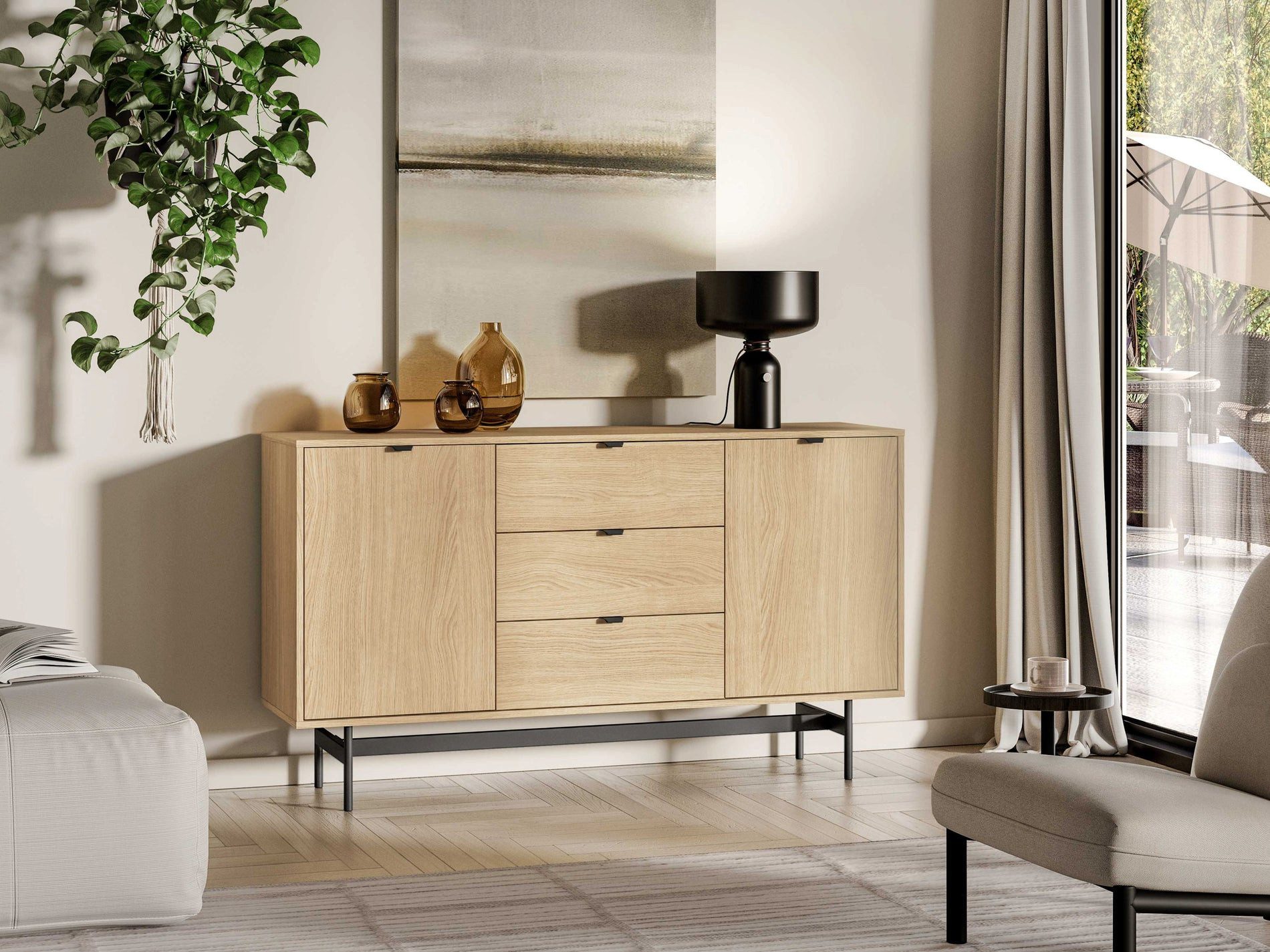 Selsey Sideboard HEGGERS, Sideboard in Mavelie-Eiche mit schwarzen Griffen, 2 Türen