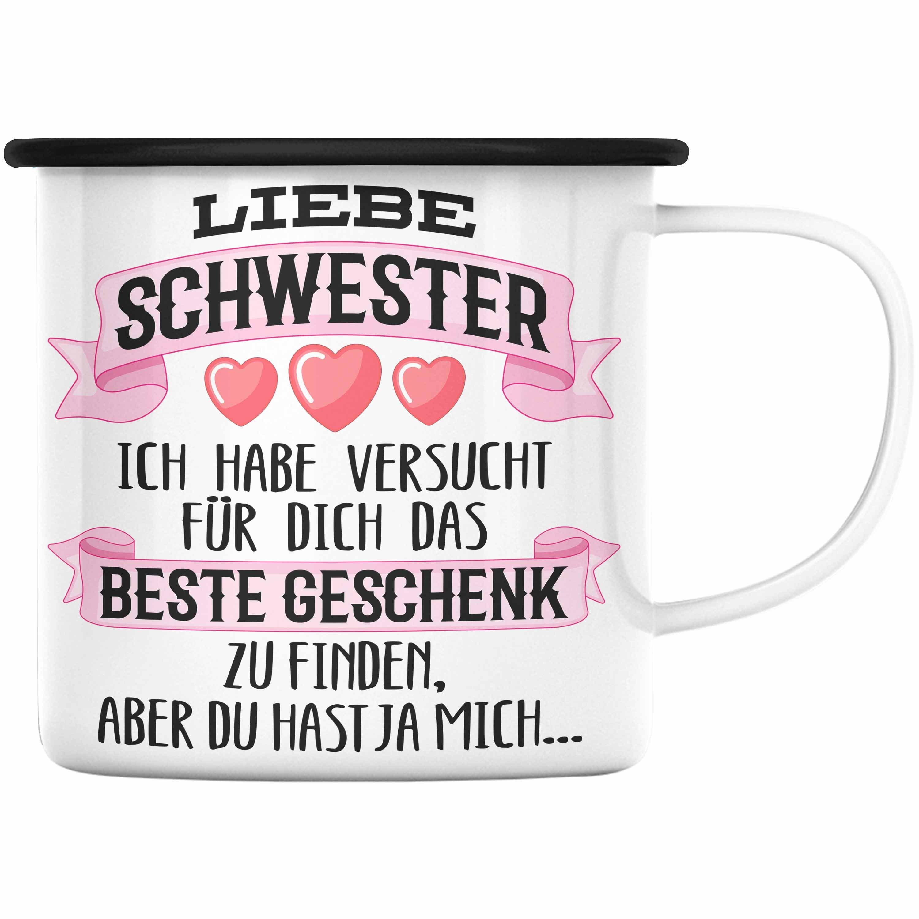 Trendation Thermotasse Trendation - Beste Schwester Geschenk Emaille Tasse KaffeeEmaille Tasse Geburtstag Weihnachten Geschenkideen Schwestern Bruder Lustig Schwarz