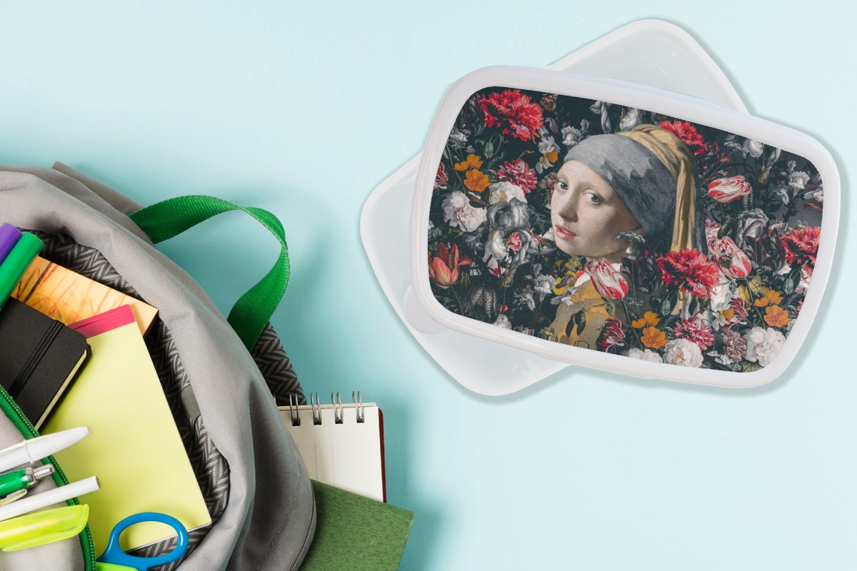 MuchoWow Lunchbox (2-tlg), für weiß - Erwachsene, für Mädchen mit Brotbox Vermeer Brotdose, Kunststoff, Kinder - Blumen, Jungs Mädchen Perlenohrring und und dem Johannes Das