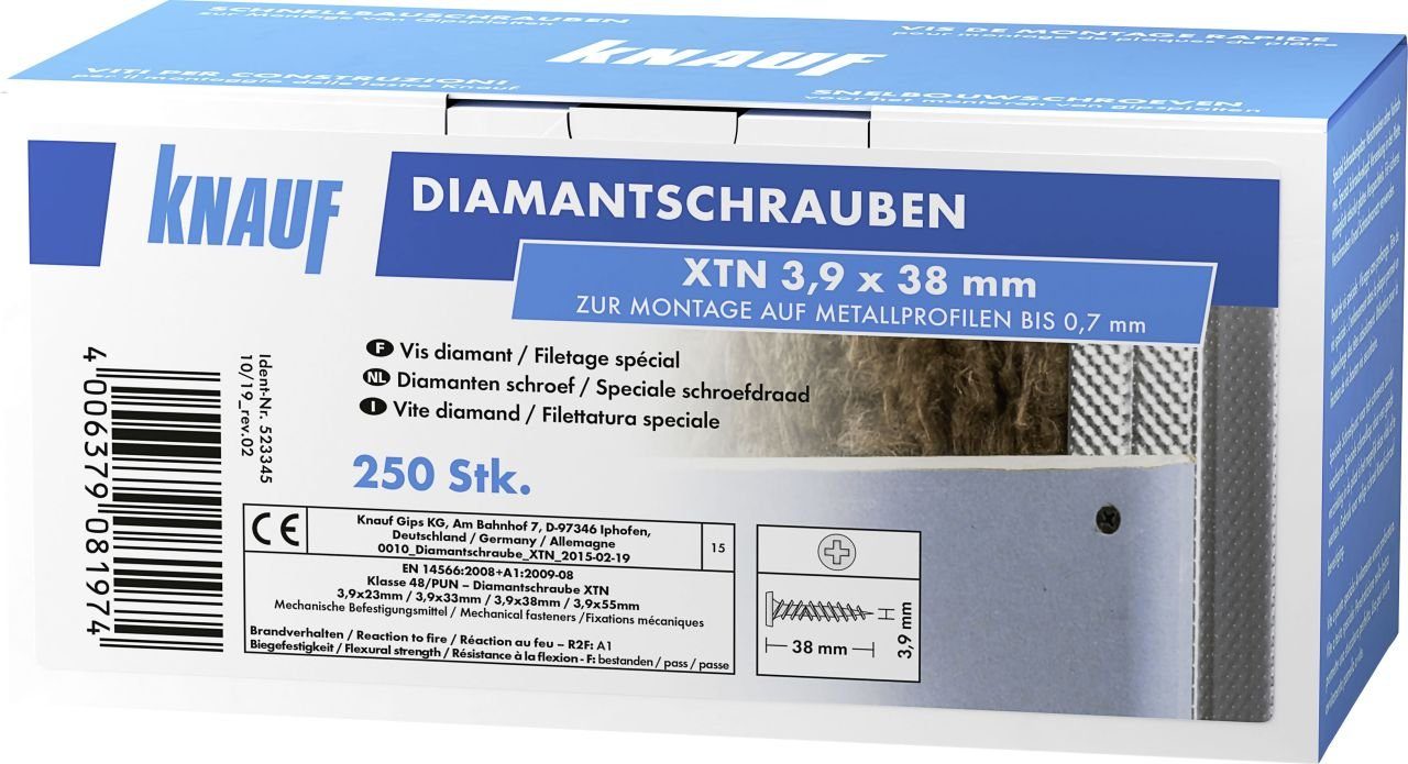 250 Knauf x 38 Stück KNAUF 3,9 Diamantschr. Trockenbauschrauber XTN mm