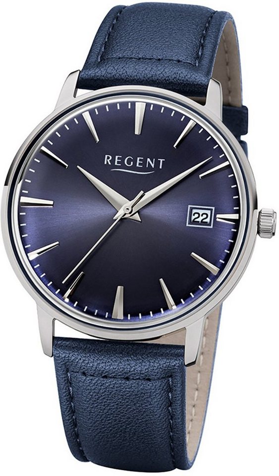 Regent Lederarmband Herren, Herren Quarzuhr (ca. Damen groß 40mm), blau, Damen-Armbanduhr Regent Armbanduhr rund,