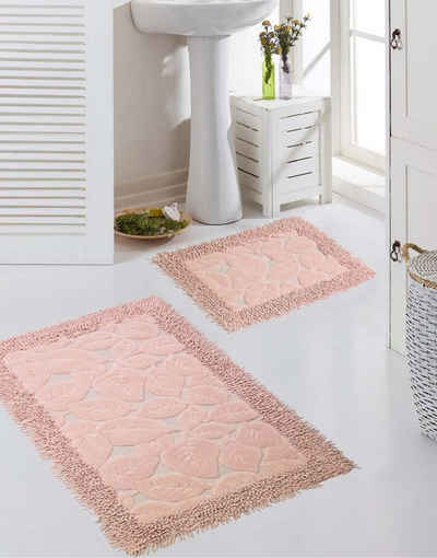 Teppich Badezimmerteppich Set 2 teilig • waschbar • Blätterdesign in rosa, Teppich-Traum, Oval, Höhe: 7,5 mm, waschbar